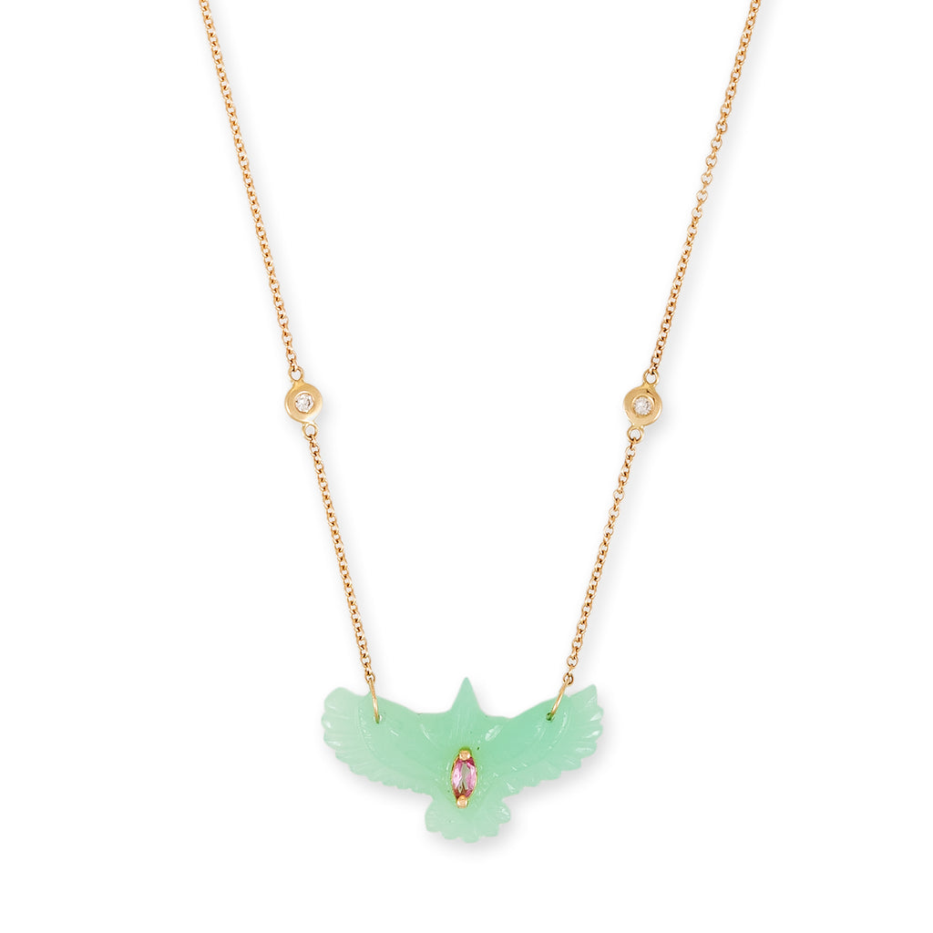 Pink Tourmaline Marquise Small Chrysoprase Thunderbird Diamond Necklace
