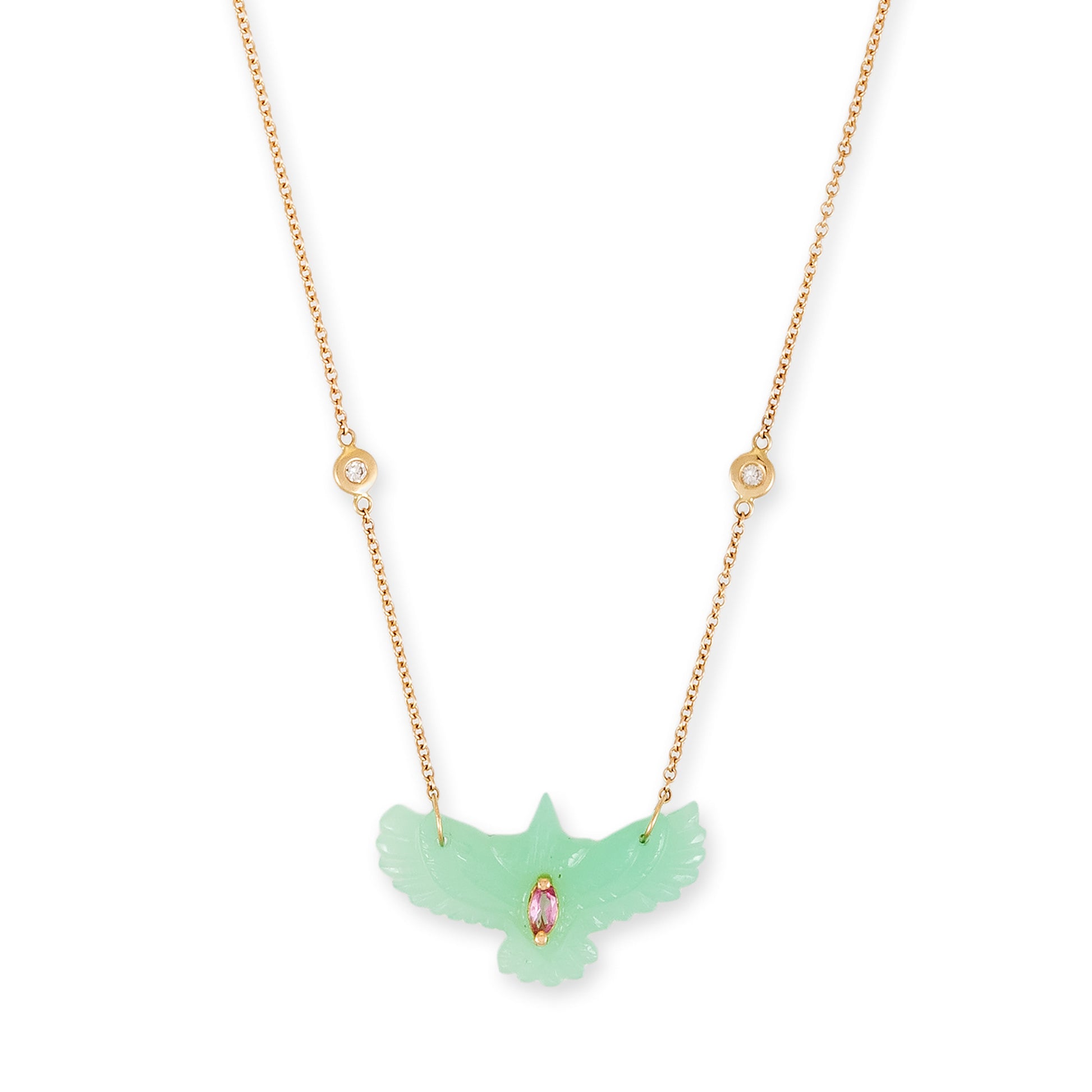 Pink Tourmaline Marquise Small Chrysoprase Thunderbird Diamond Necklace