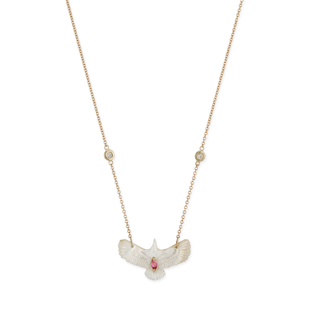 Pink Tourmaline Marquise Small Pearl Thunderbird Diamond Necklace
