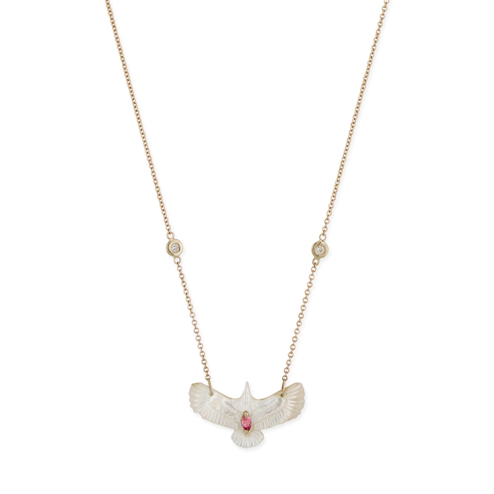 Pink Tourmaline Marquise Small Pearl Thunderbird Diamond Necklace
