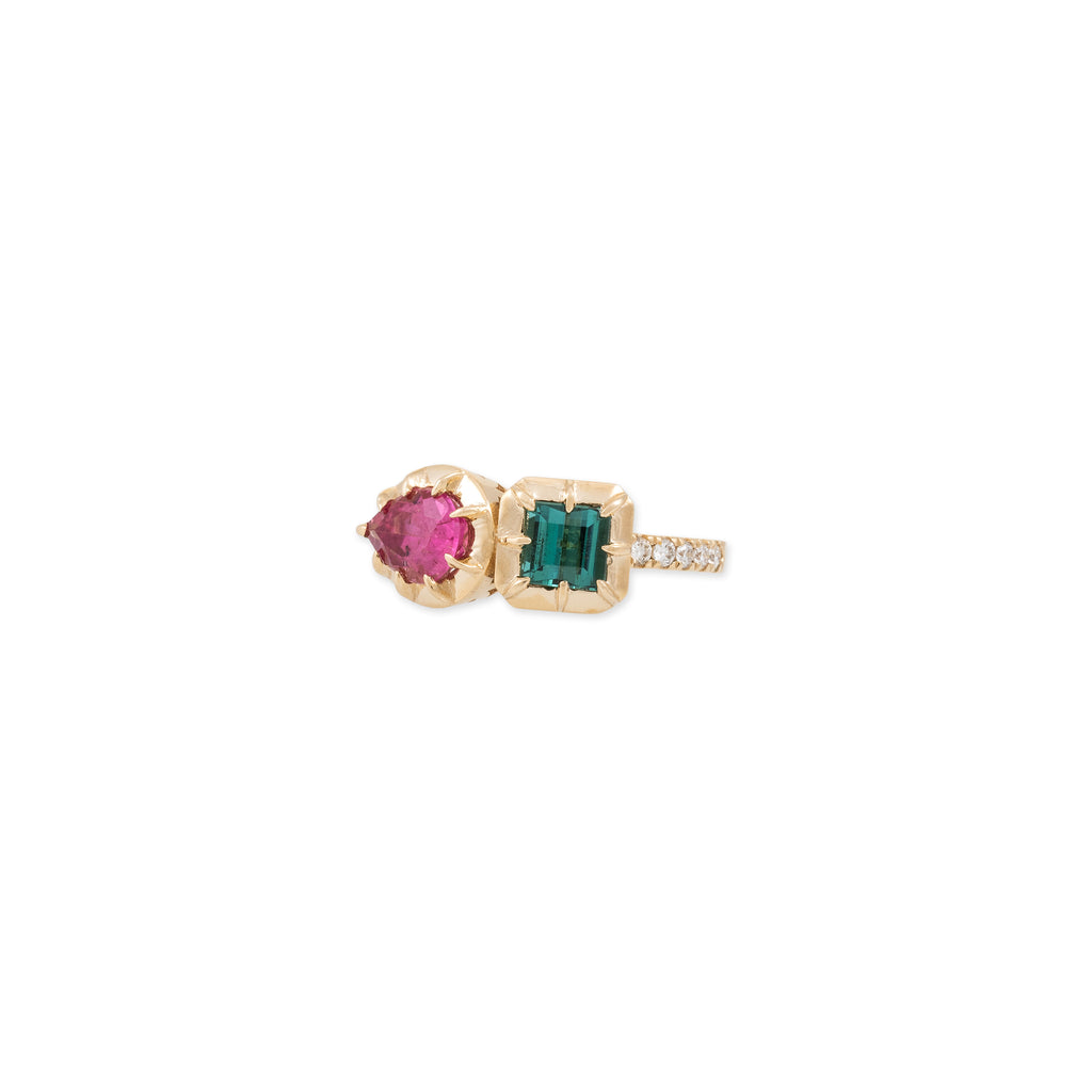 Pink Teardrop + Green Tourmaline Square Sophia Bezel Pave Ring