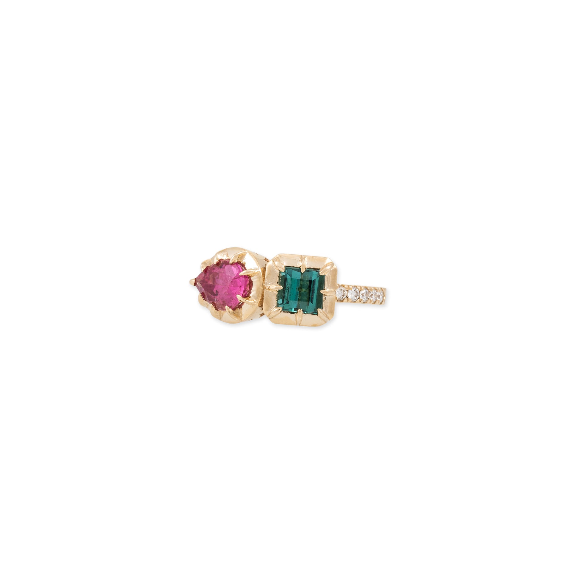 Pink Teardrop + Green Tourmaline Square Sophia Bezel Pave Ring