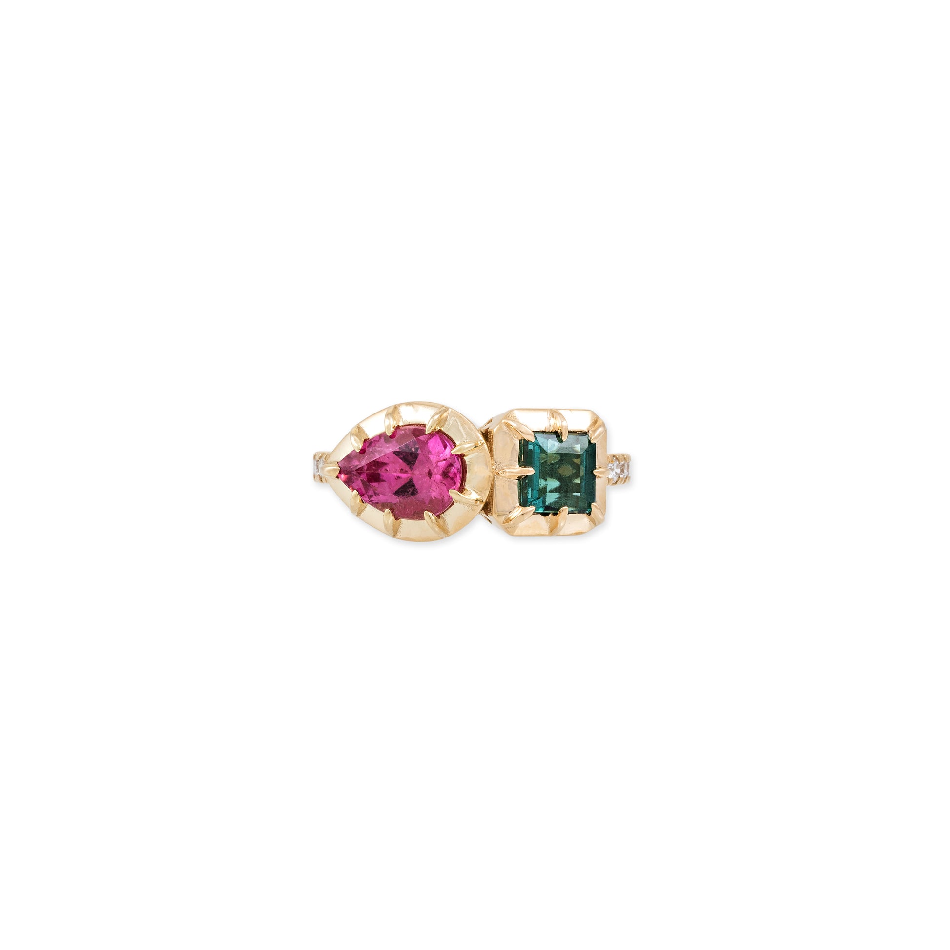 Pink Teardrop + Green Tourmaline Square Sophia Bezel Pave Ring