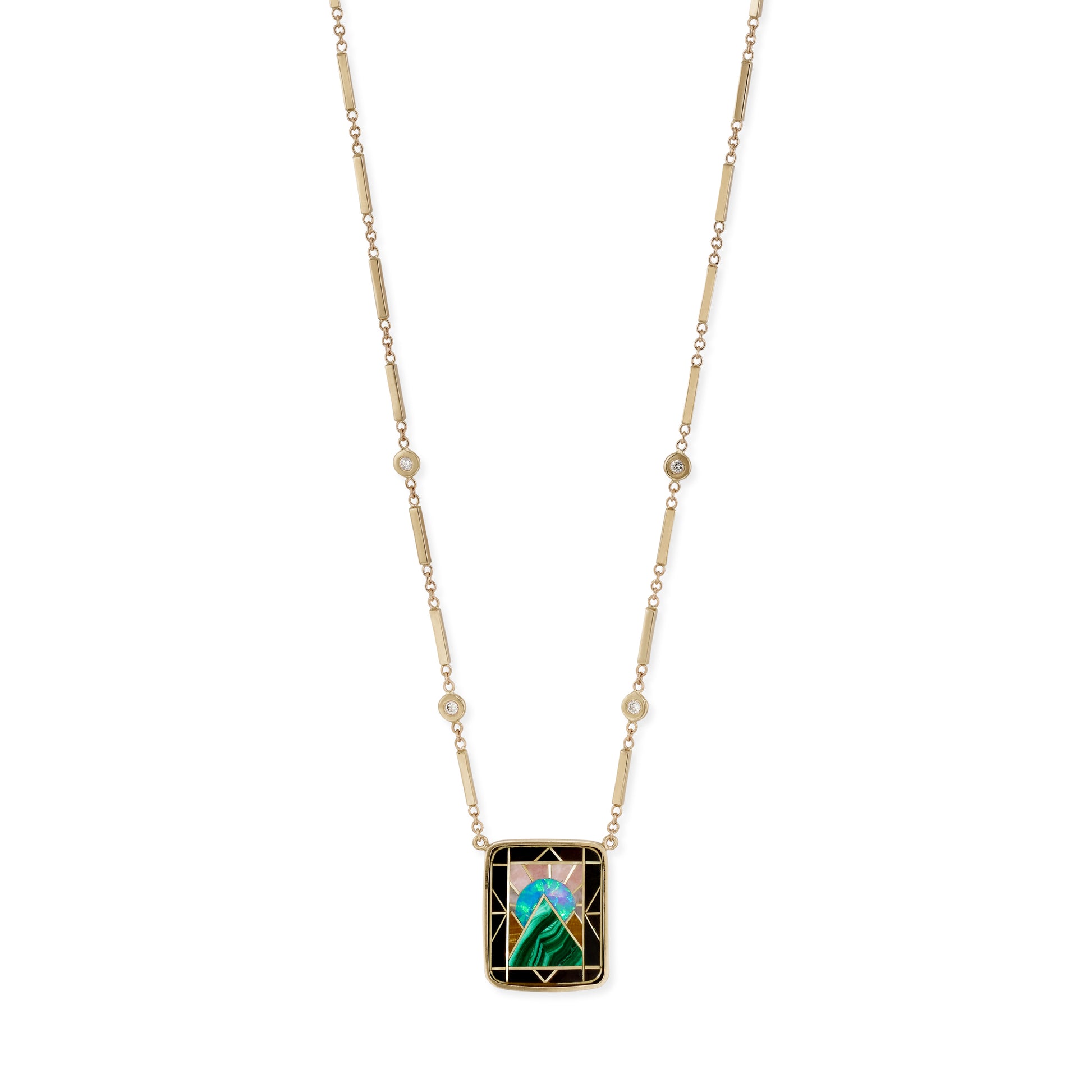 Rectangle Pyramid Scenic Gemstone Inlay Necklace