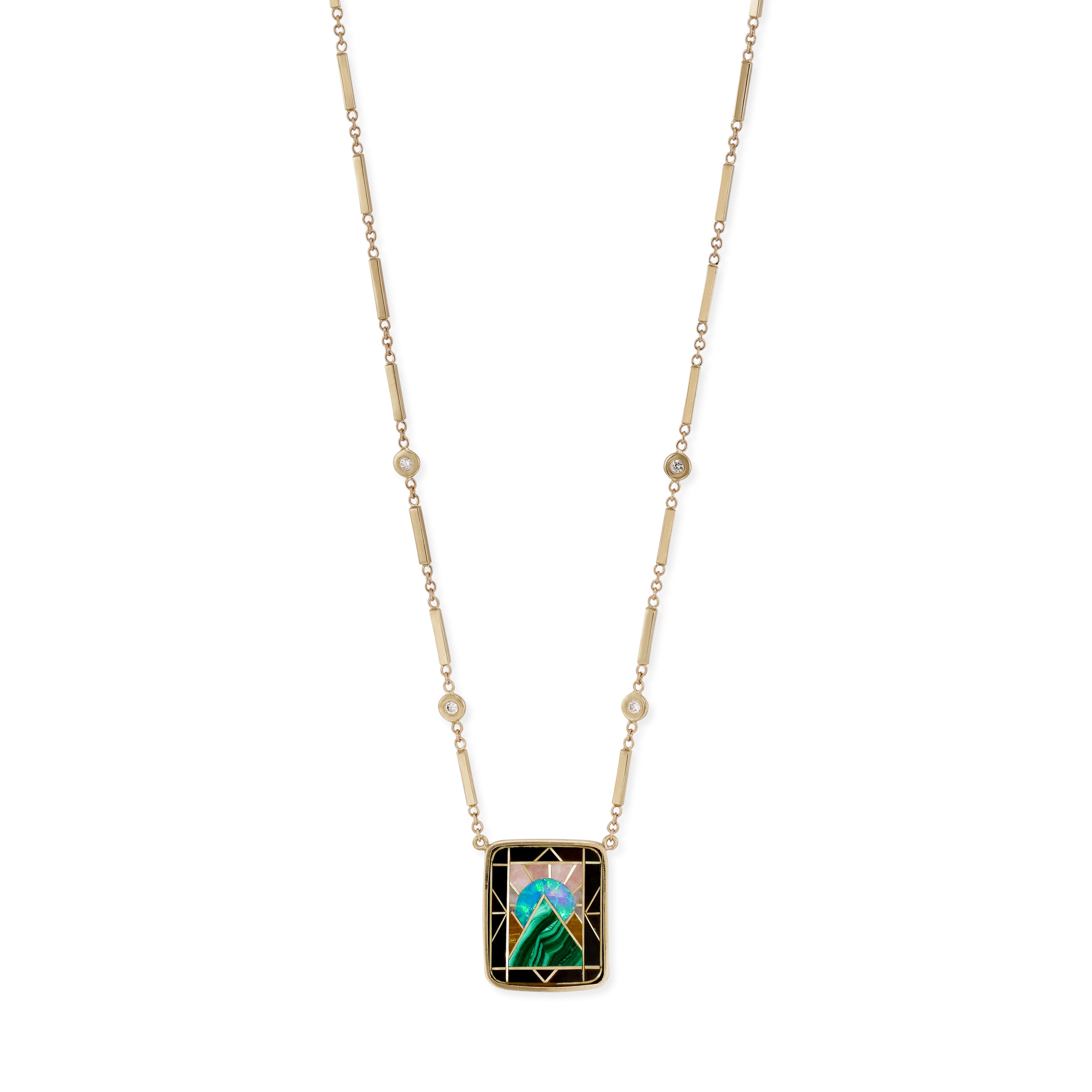 Rectangle Pyramid Scenic Gemstone Inlay Necklace