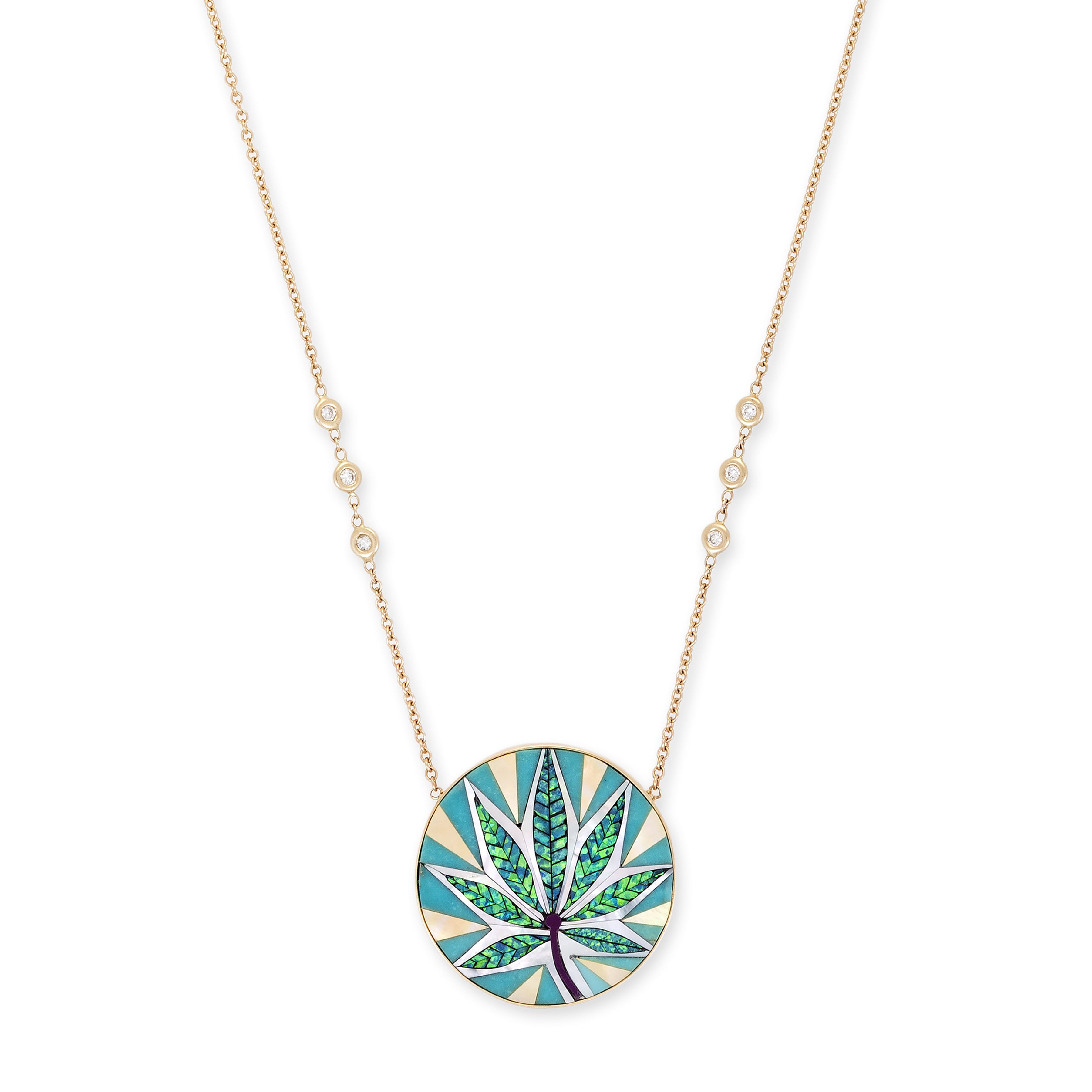 ROUND OPAL + TURQUOISE INLAY SWEET LEAF NECKLACE