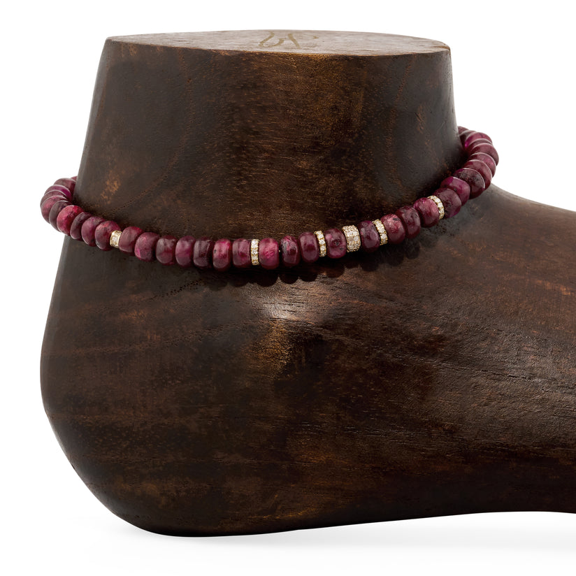 7 Pave Diamond Rondelles + Ruby Beaded Anklet