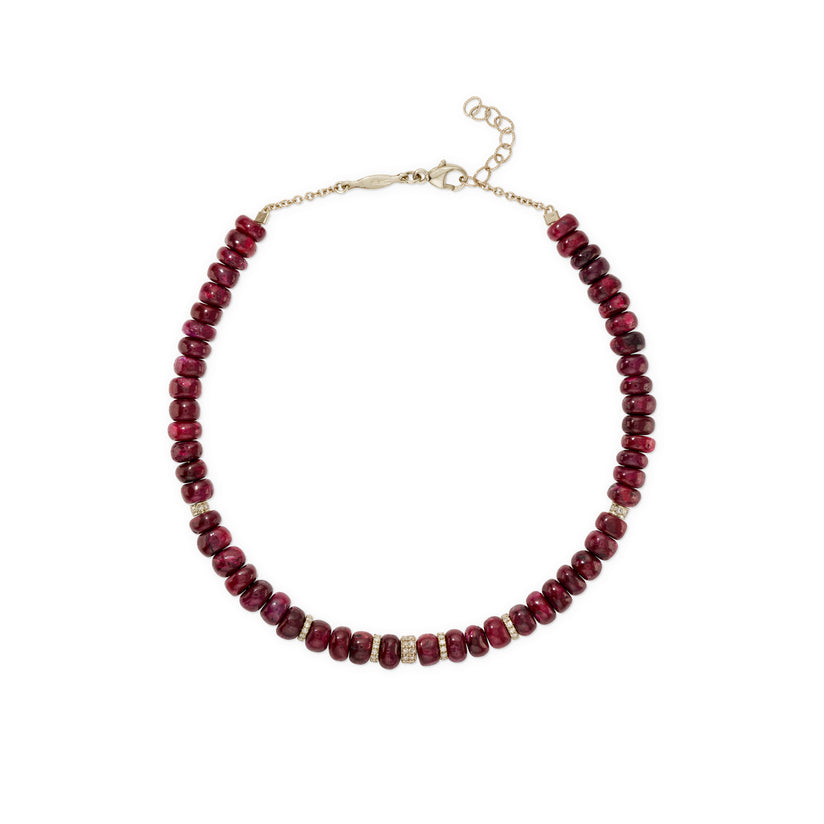 7 Pave Diamond Rondelles + Ruby Beaded Anklet