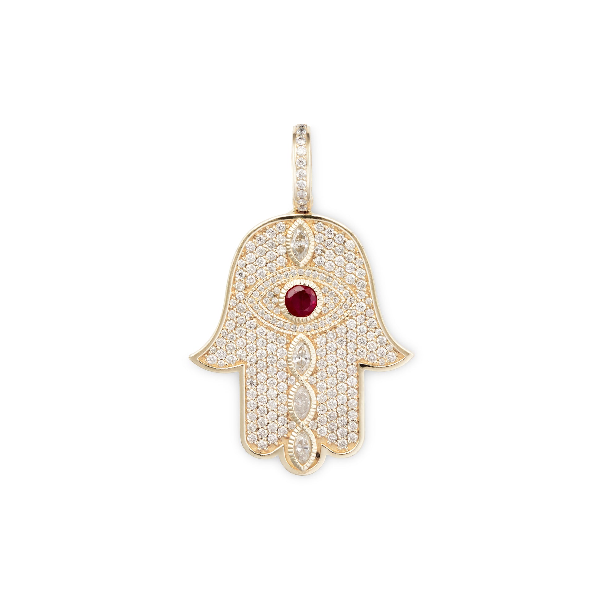 LARGE RUBY + MARQUISE DIAMOND PAVE HAMSA CHARM