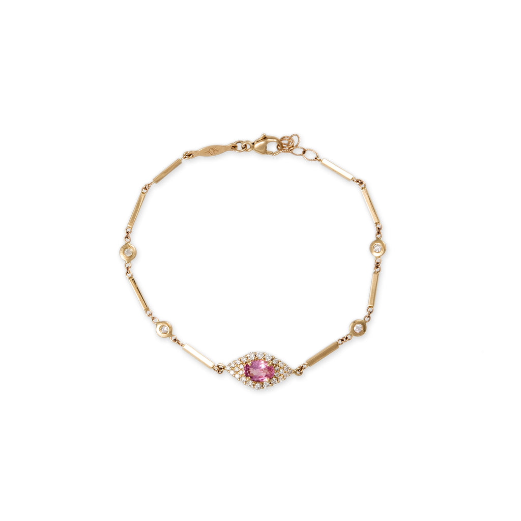 Pave Pink Tourmaline Center Eye Diamond Smooth Bar Bracelet