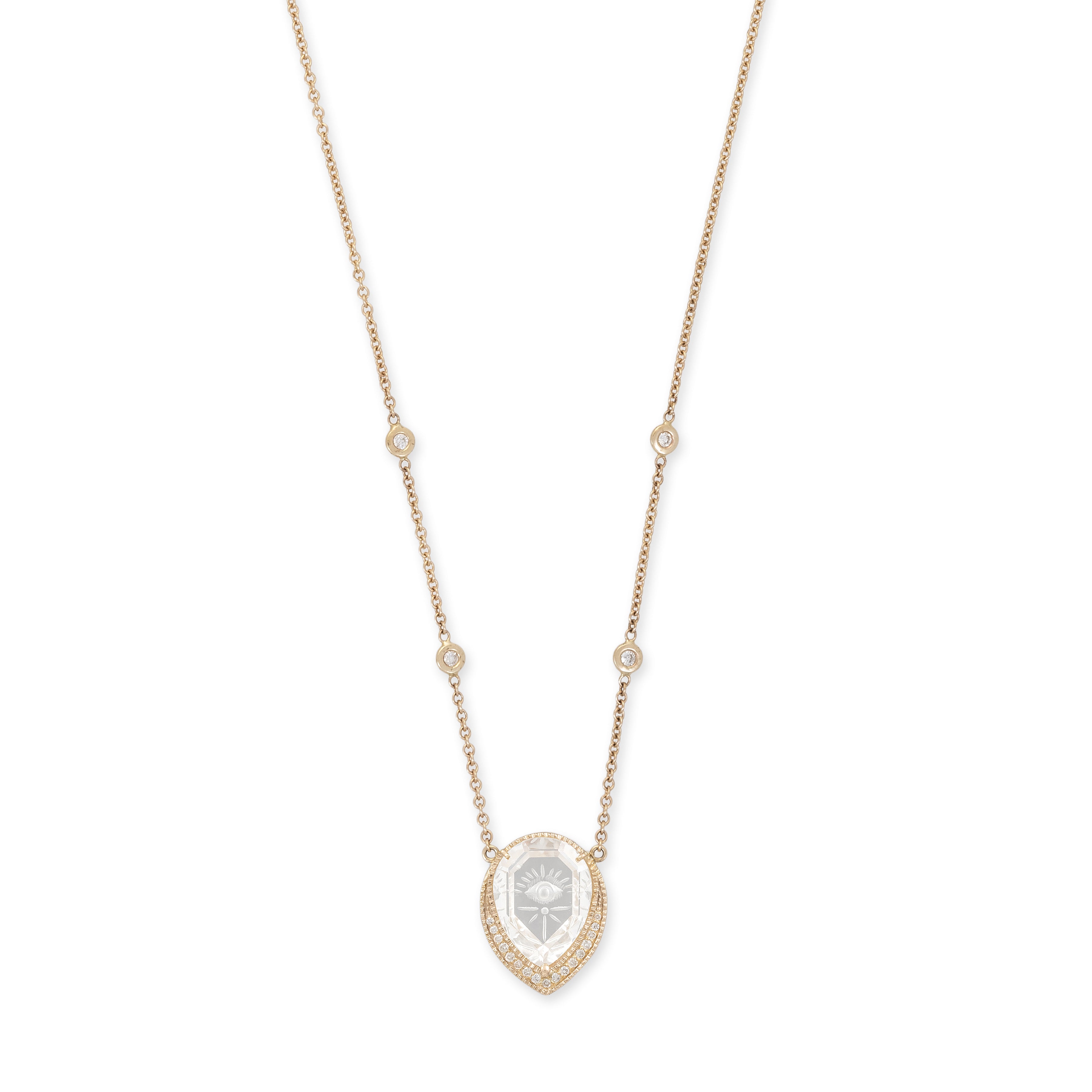 Small Pavé Carved Eye Burst Clear Quartz Teardrop Necklace