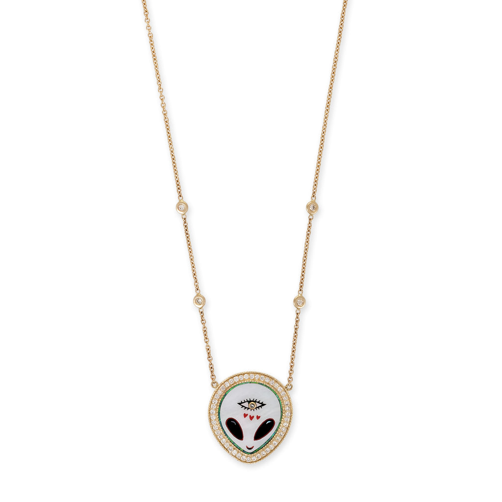 Small Pave Pearl + Onyx Alien Heart Eye Inlay Necklace