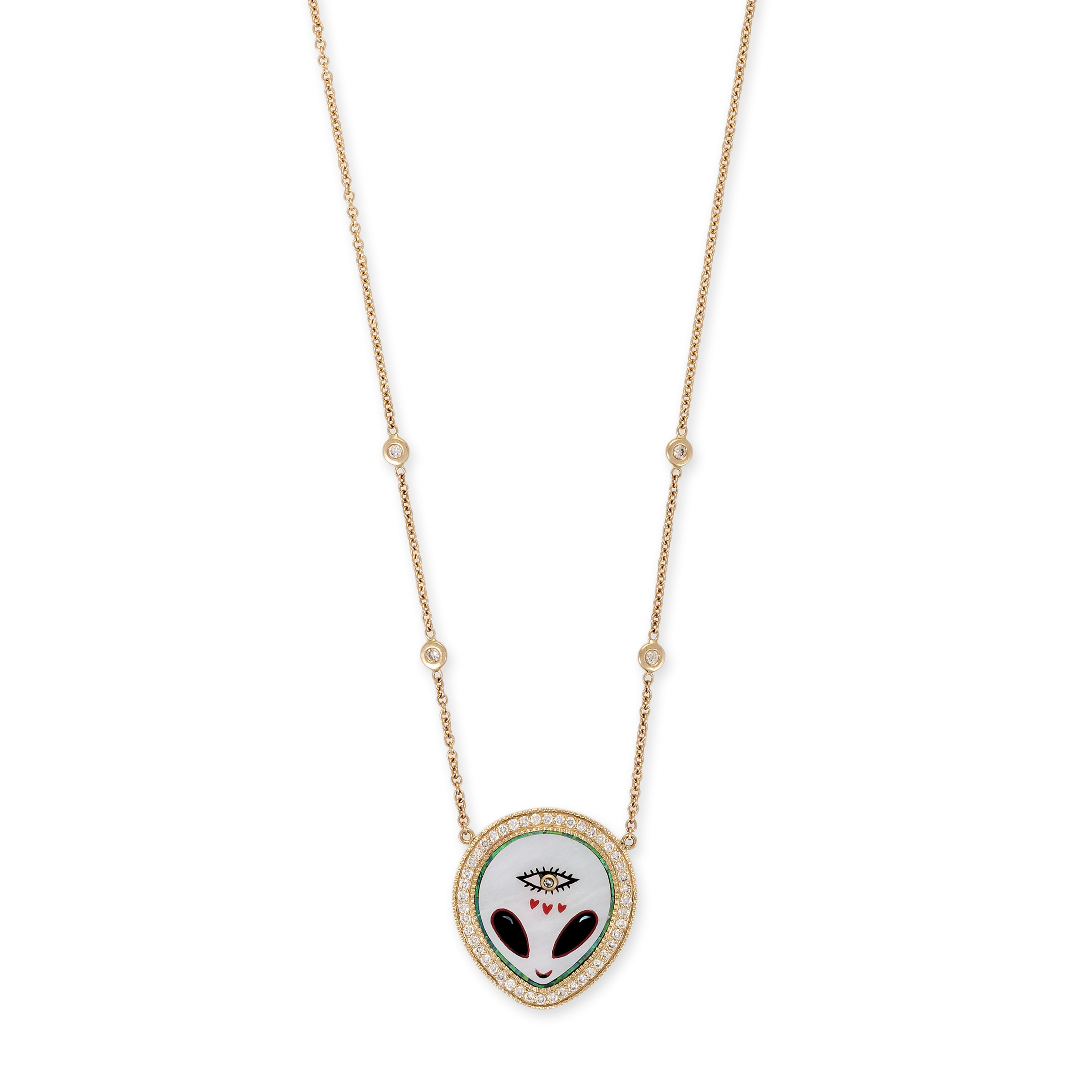 Mini Pave Pearl + Onyx Alien Heart Eye Inlay Necklace