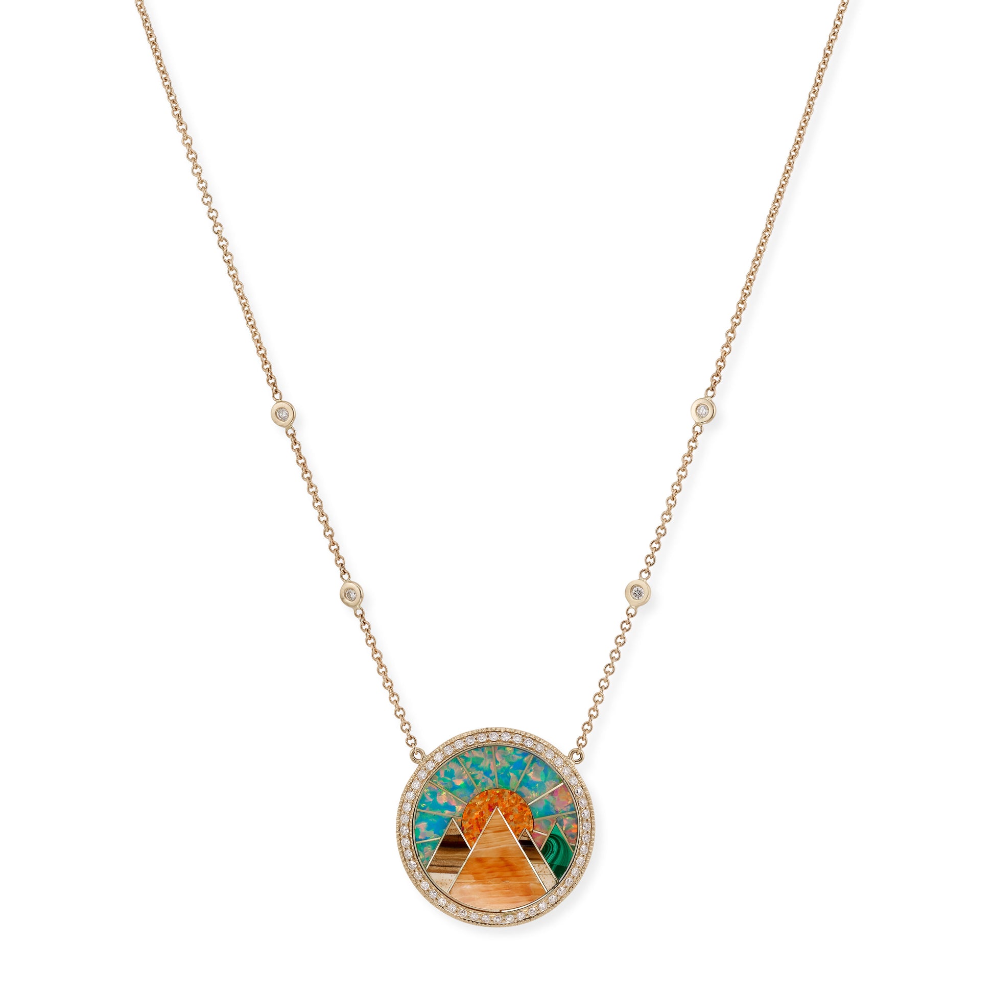 Small Pave Diamond Orange Agate Pyramid Scenic Inlay Necklace