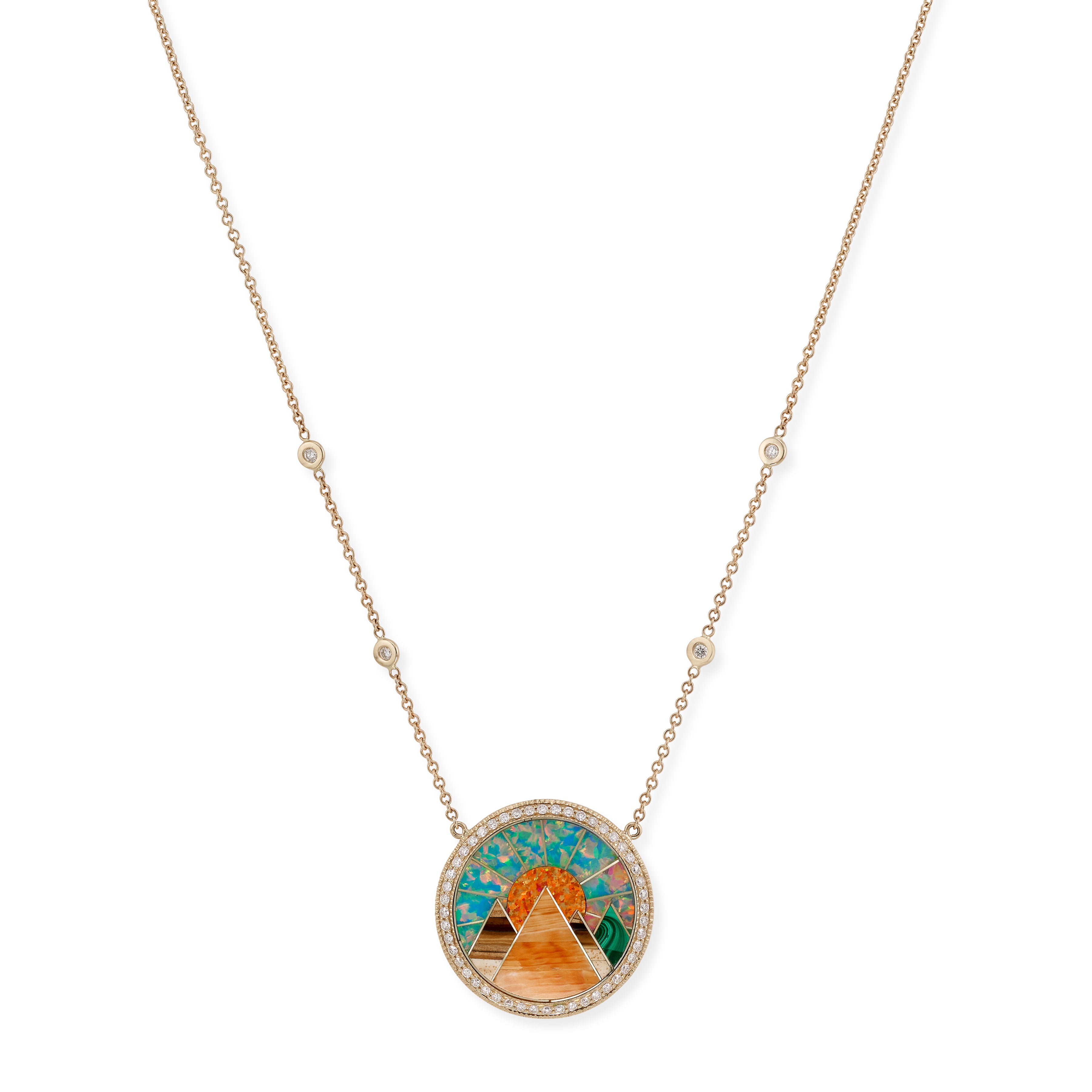 Small Pave Diamond Orange Agate Pyramid Scenic Inlay Necklace