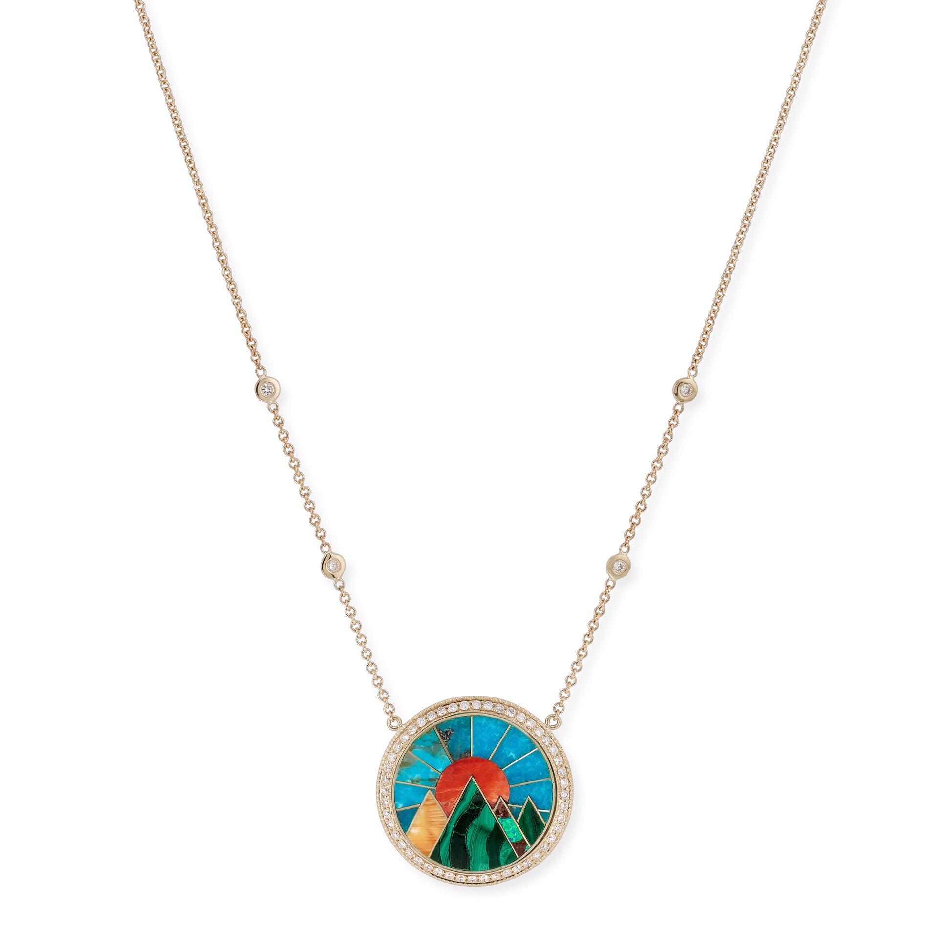 Small Pave Diamond Malachite Pyramid Scenic Inlay Necklace