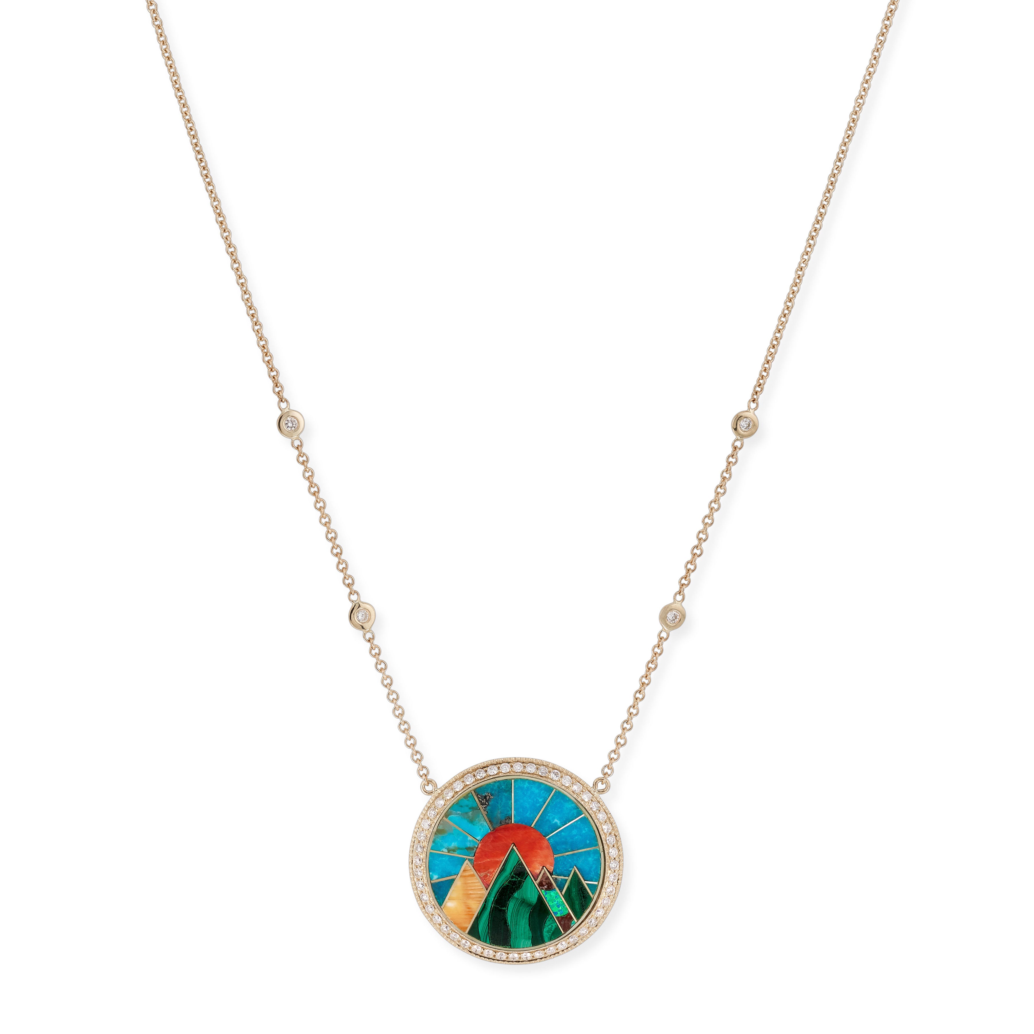 Small Pave Diamond Malachite Pyramid Scenic Inlay Necklace