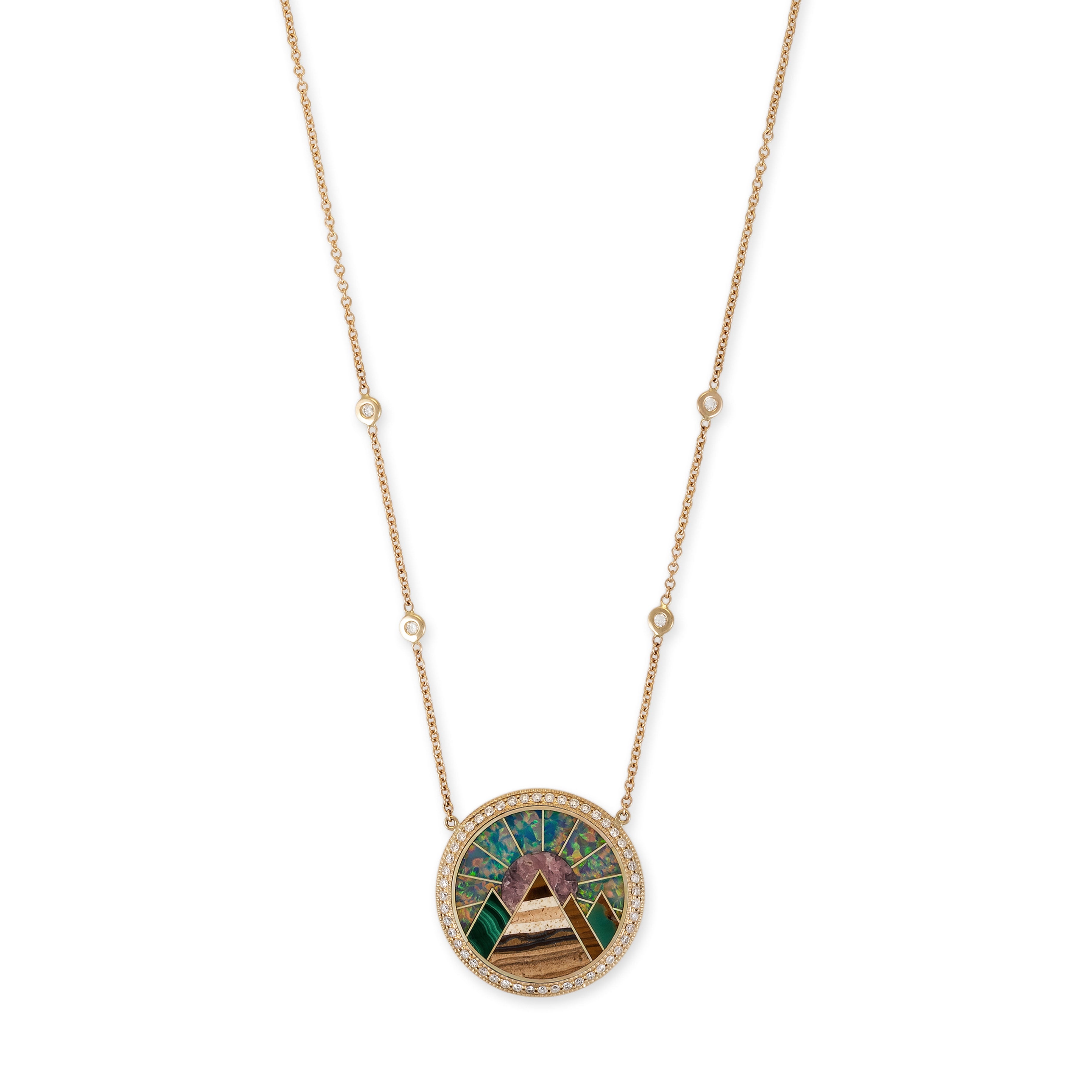 Small Pave Diamond Agate Pyramid Scenic Inlay Necklace