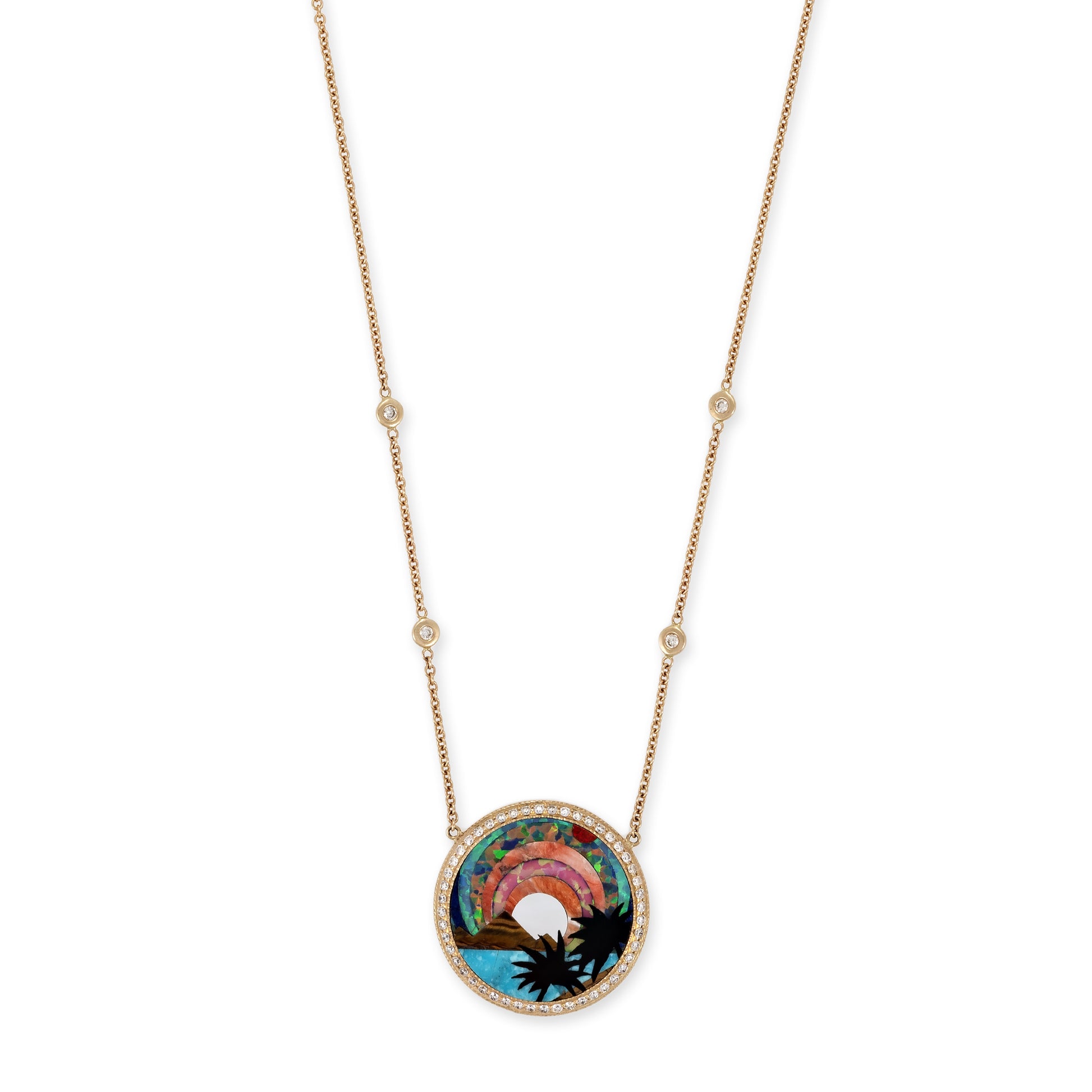 Small Pave Diamond Tropical Scenic Inlay Necklace