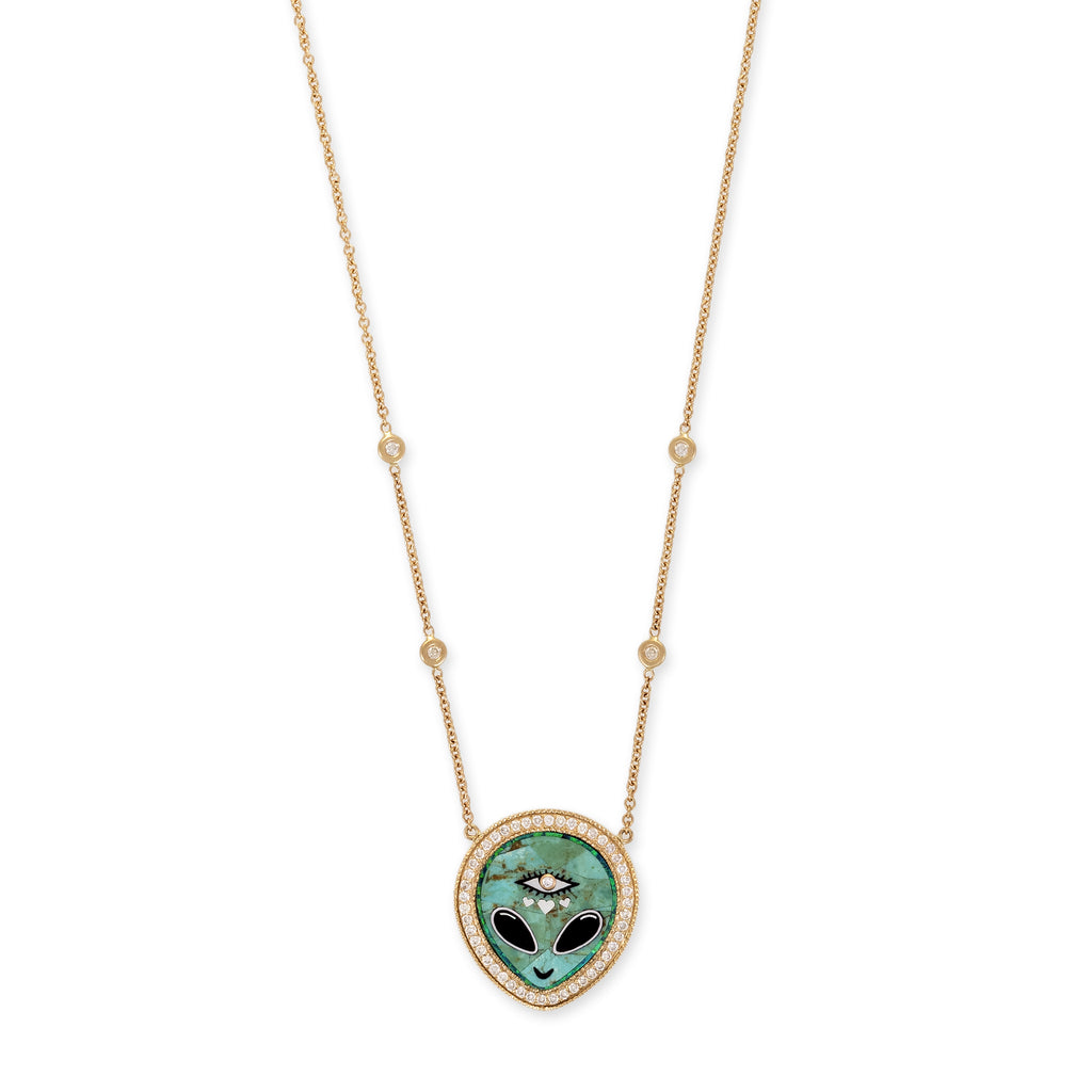 SMALL PAVE TURQUOISE + ONYX ALIEN HEART EYE INLAY NECKLACE
