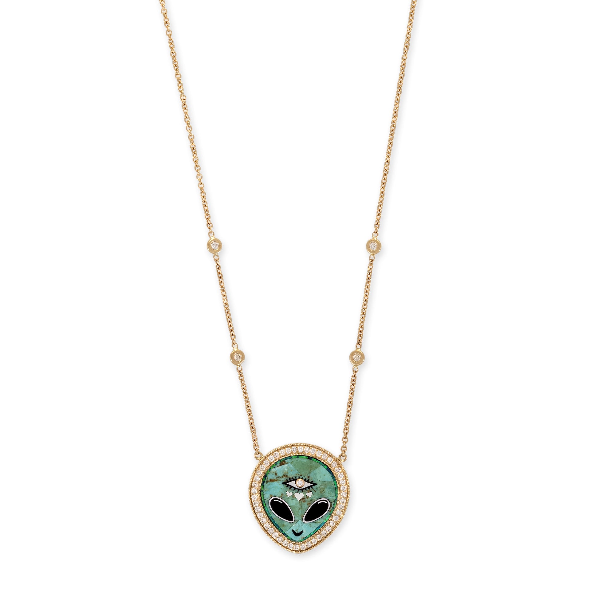 SMALL PAVE TURQUOISE + ONYX ALIEN HEART EYE INLAY NECKLACE