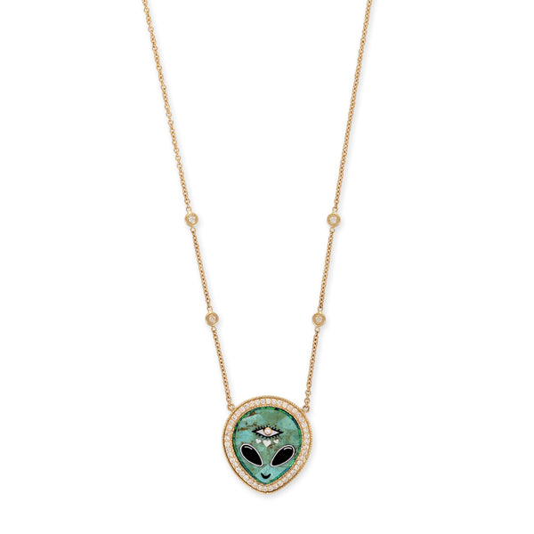 SMALL PAVE TURQUOISE + ONYX ALIEN HEART EYE INLAY NECKLACE SMALL PAVE TURQUOISE + ONYX ALIEN HEART EYE INLAY NECKLACE