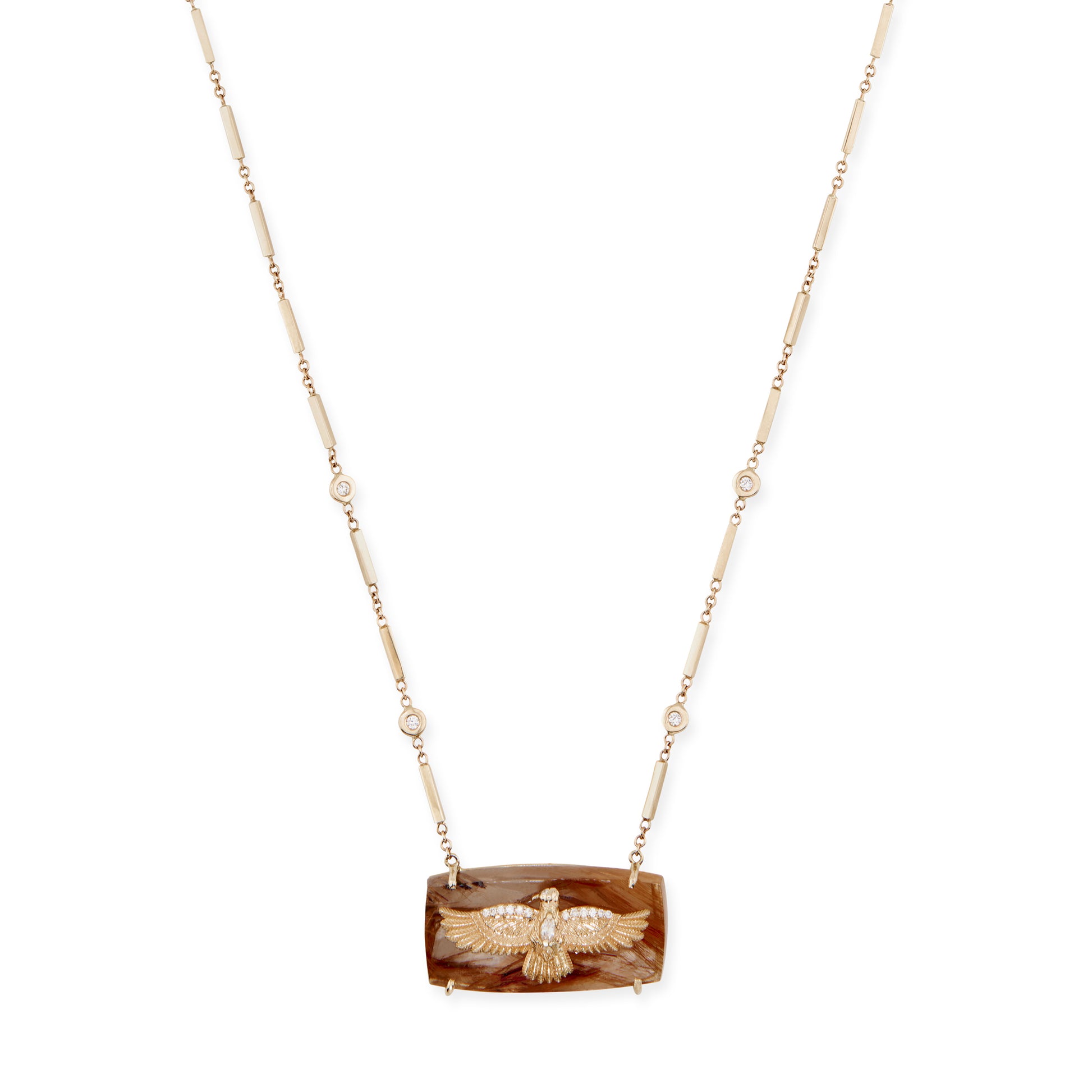 Large Diamond Thunderbird On Rutilated Quartz Rectangle Necklace