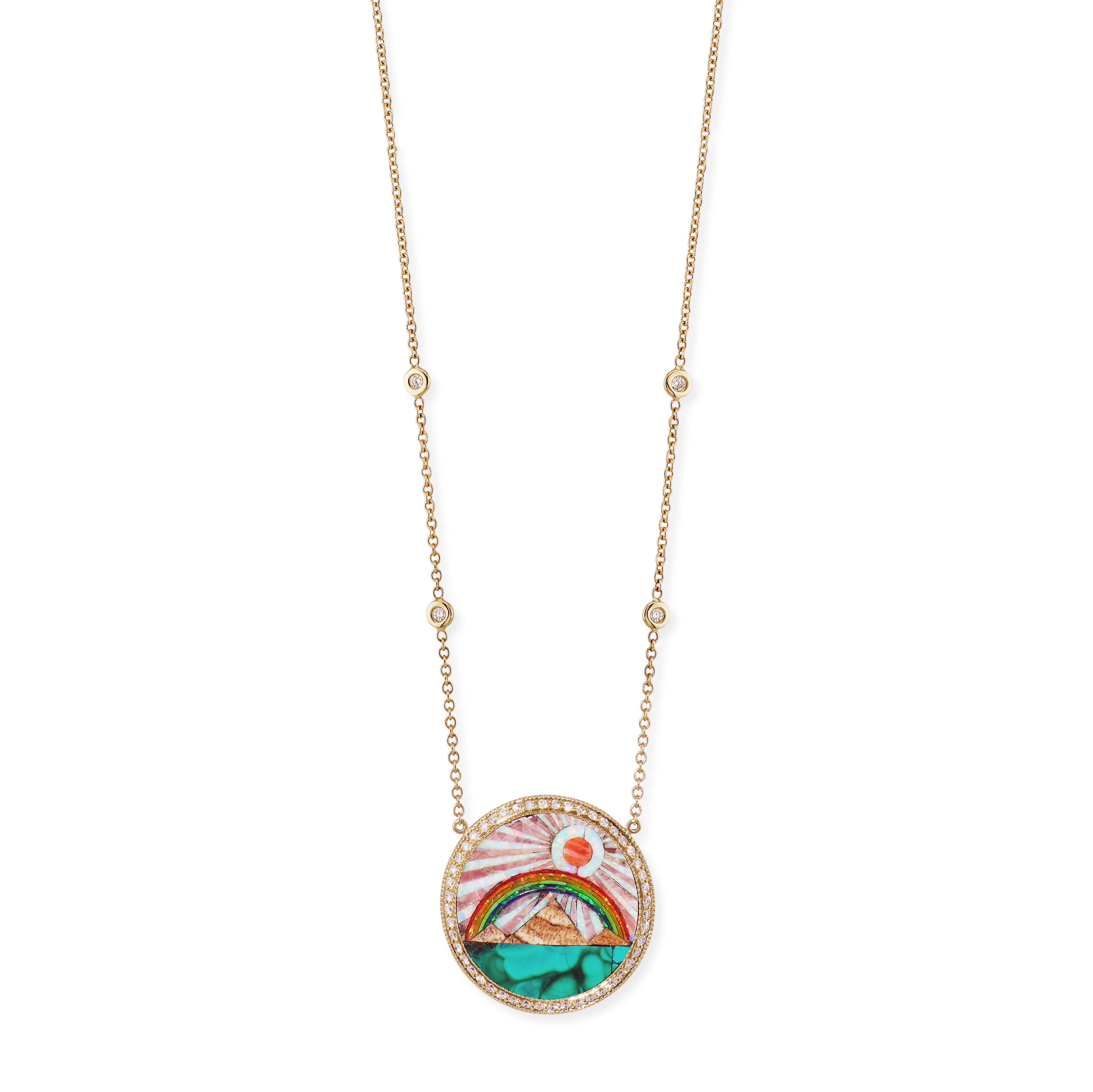 Small Gemstone Rainbow Pyramid Scenic Inlay Necklace