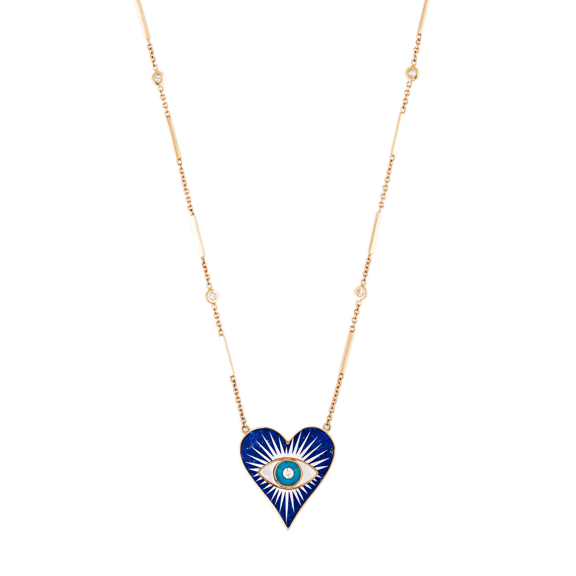 SMALL LAPIS PEARL TURQUOISE INLAY EYE BURST HEART NECKLACE