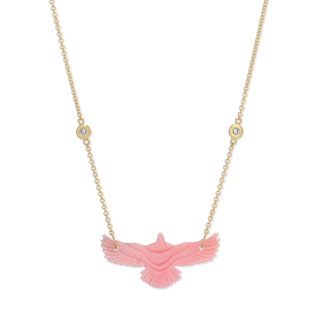 Small Pink Opal Thunderbird 2 Diamond Necklace