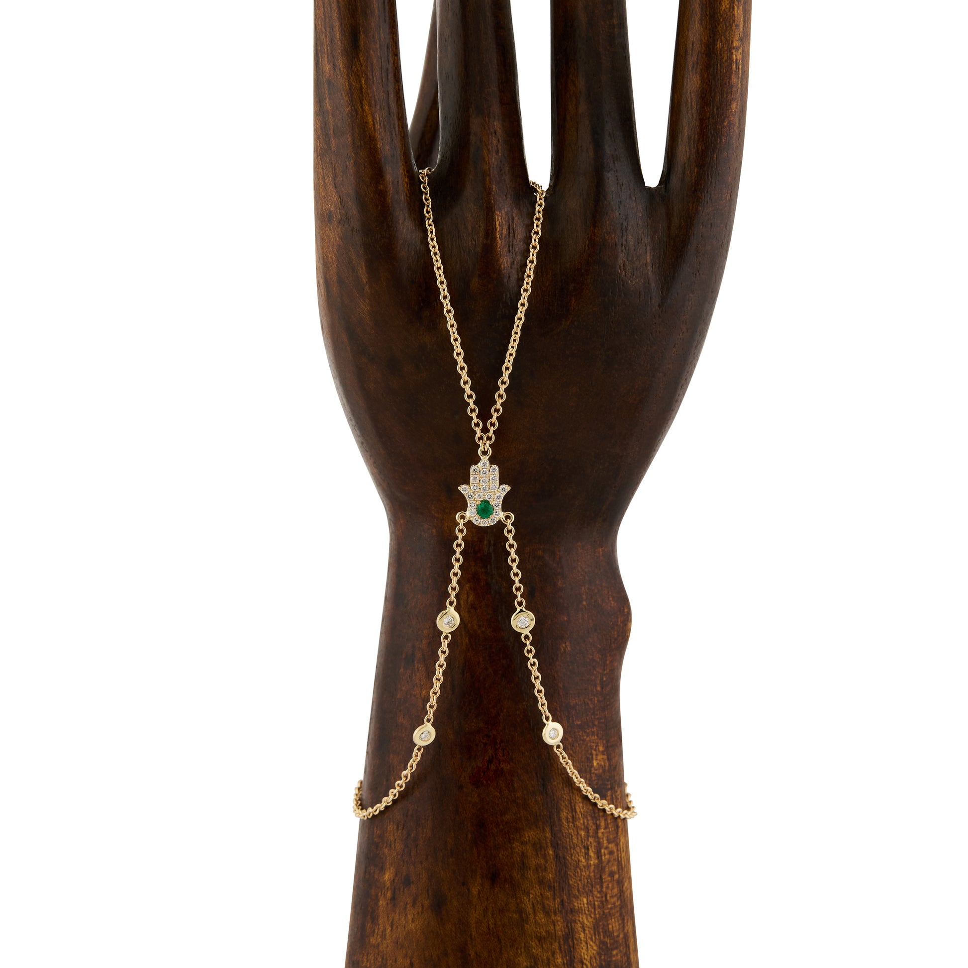 Pave Diamond Emerald Hamsa Double Stem Finger Bracelet