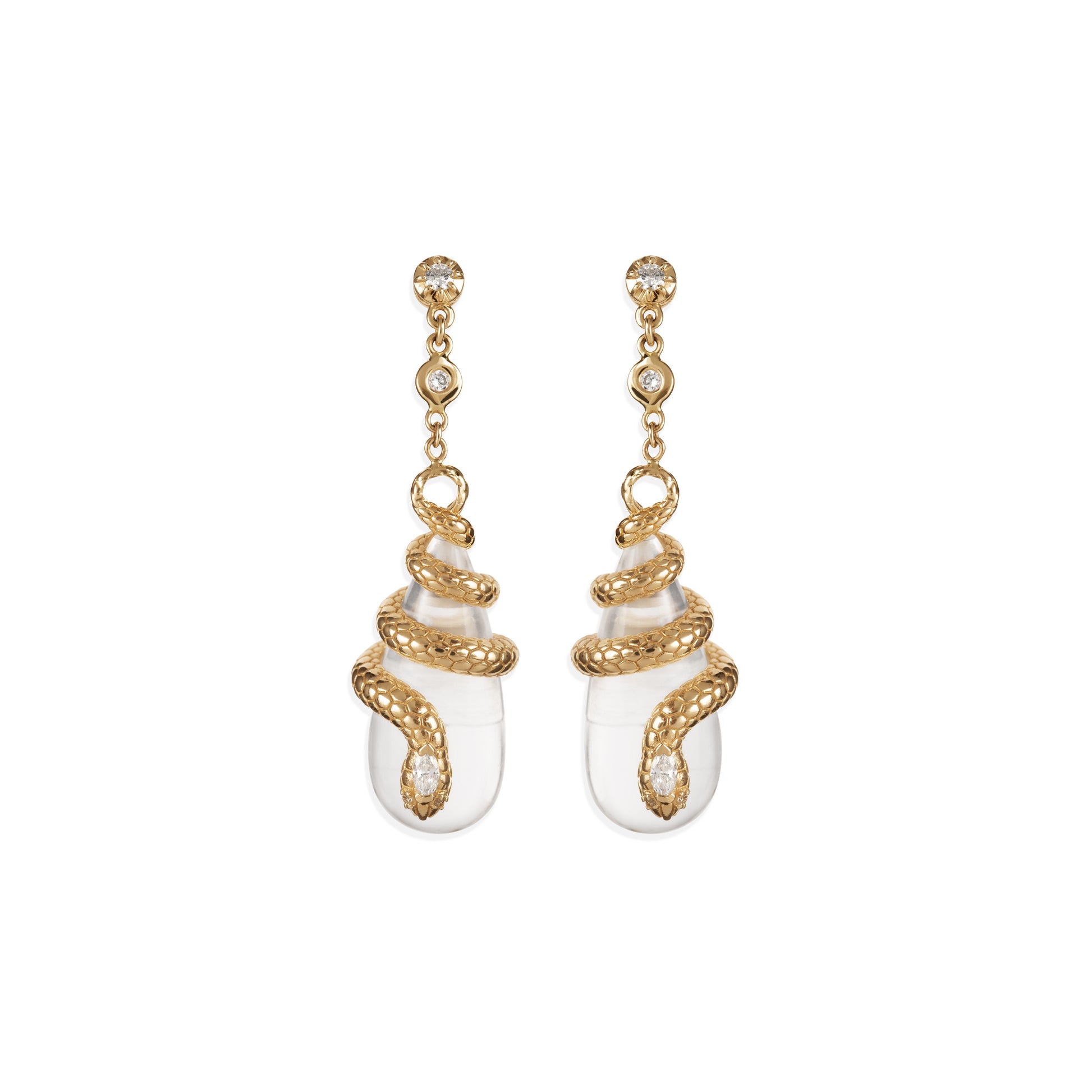 Diamond Snake Wrapped Clear Quartz Droplet Earrings