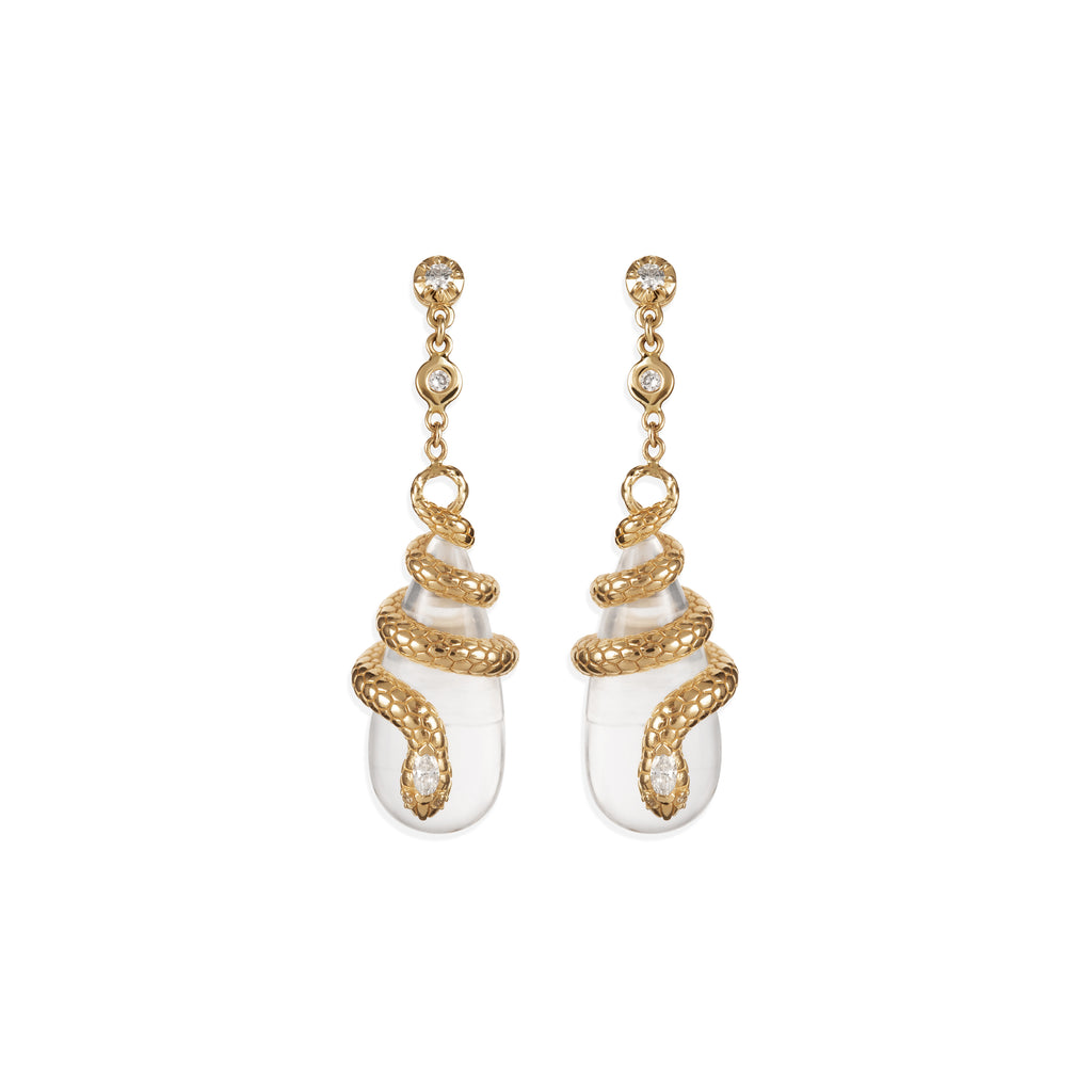 Diamond Snake Wrapped Clear Quartz Droplet Earrings
