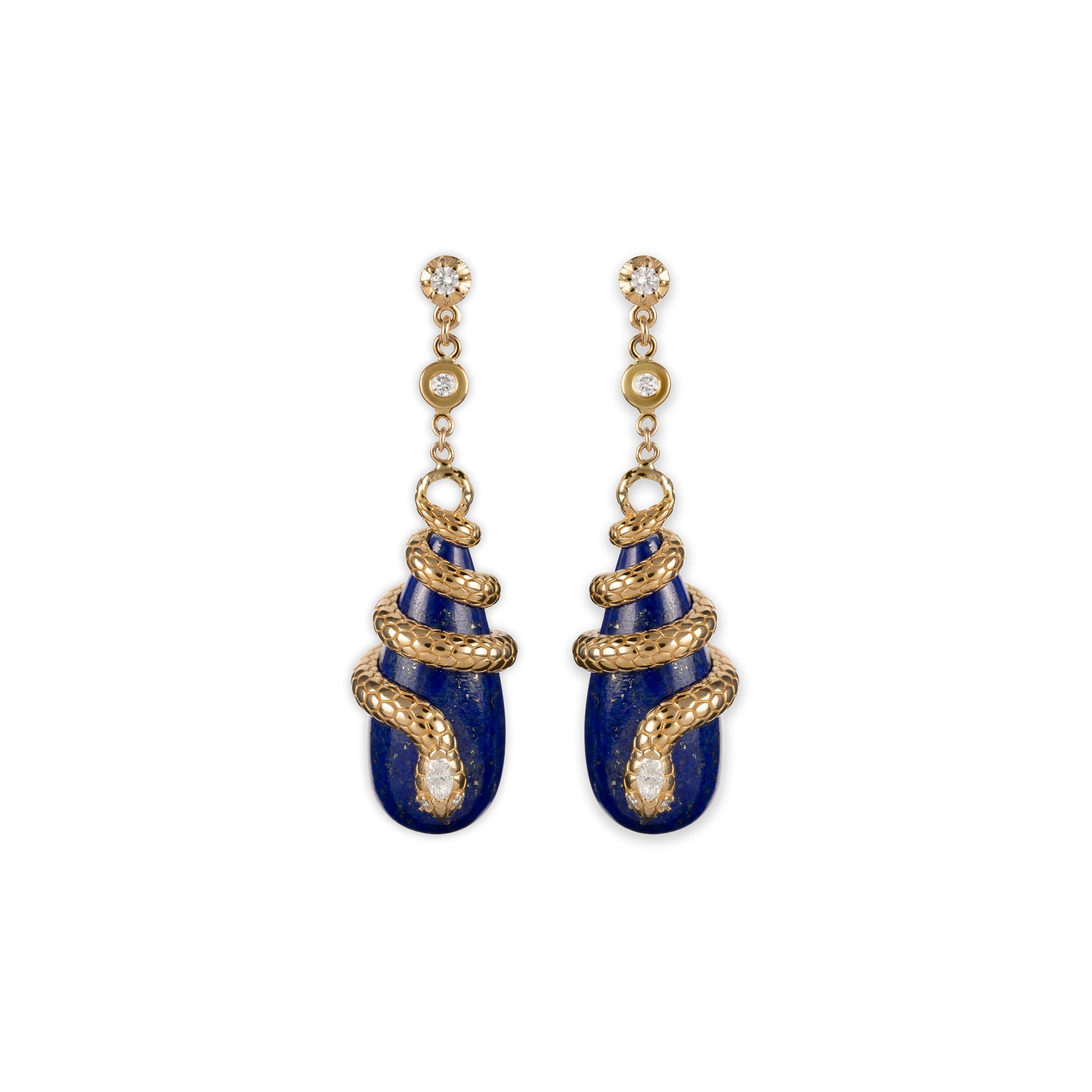 Diamond Snake Wrapped Lapis Droplet Earrings