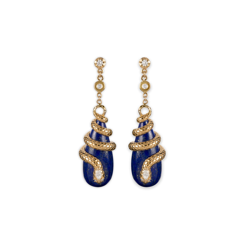 DIAMOND SNAKE WRAPPED LAPIS DROPLET EARRINGS