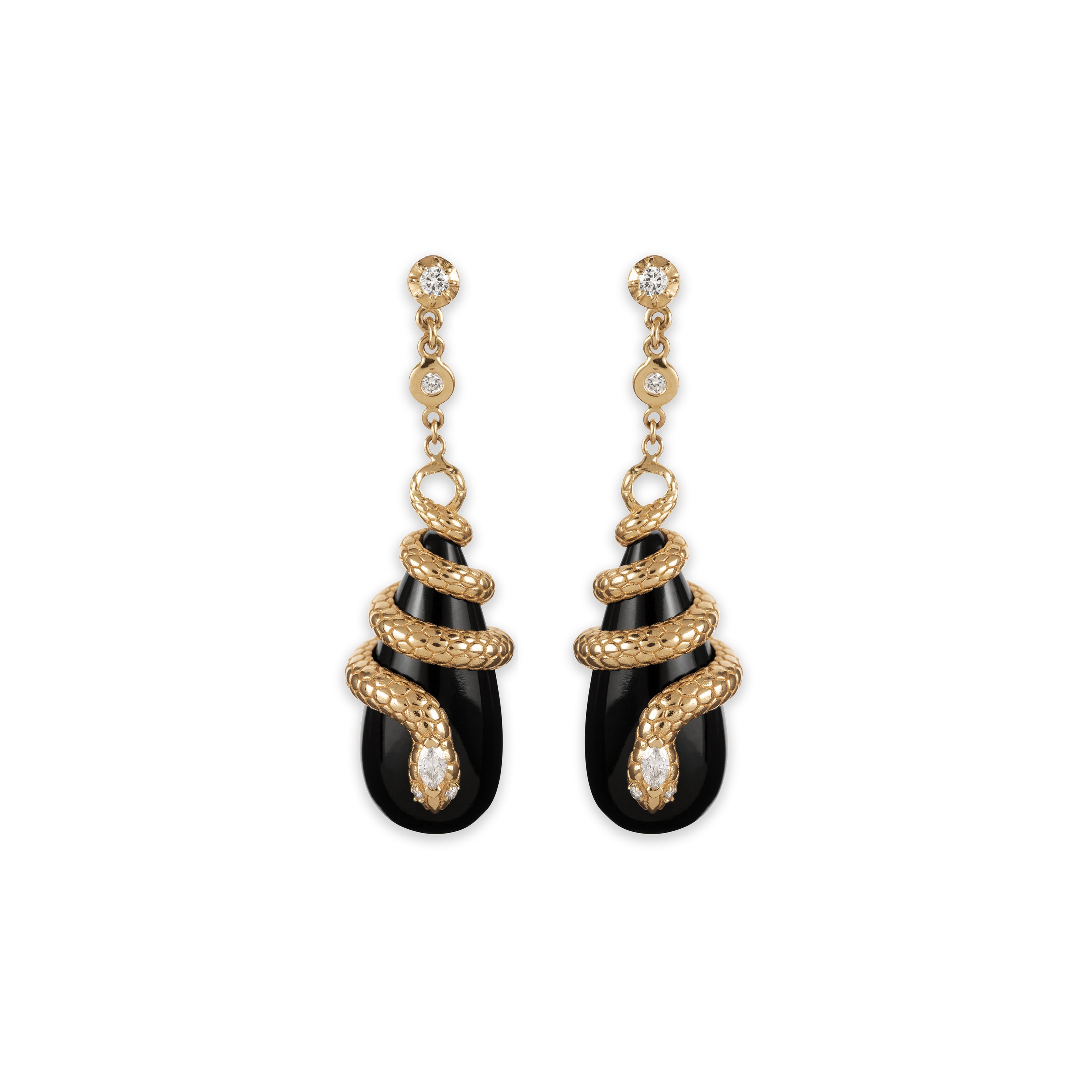 DIAMOND SNAKE WRAPPED ONYX DROPLET EARRINGS