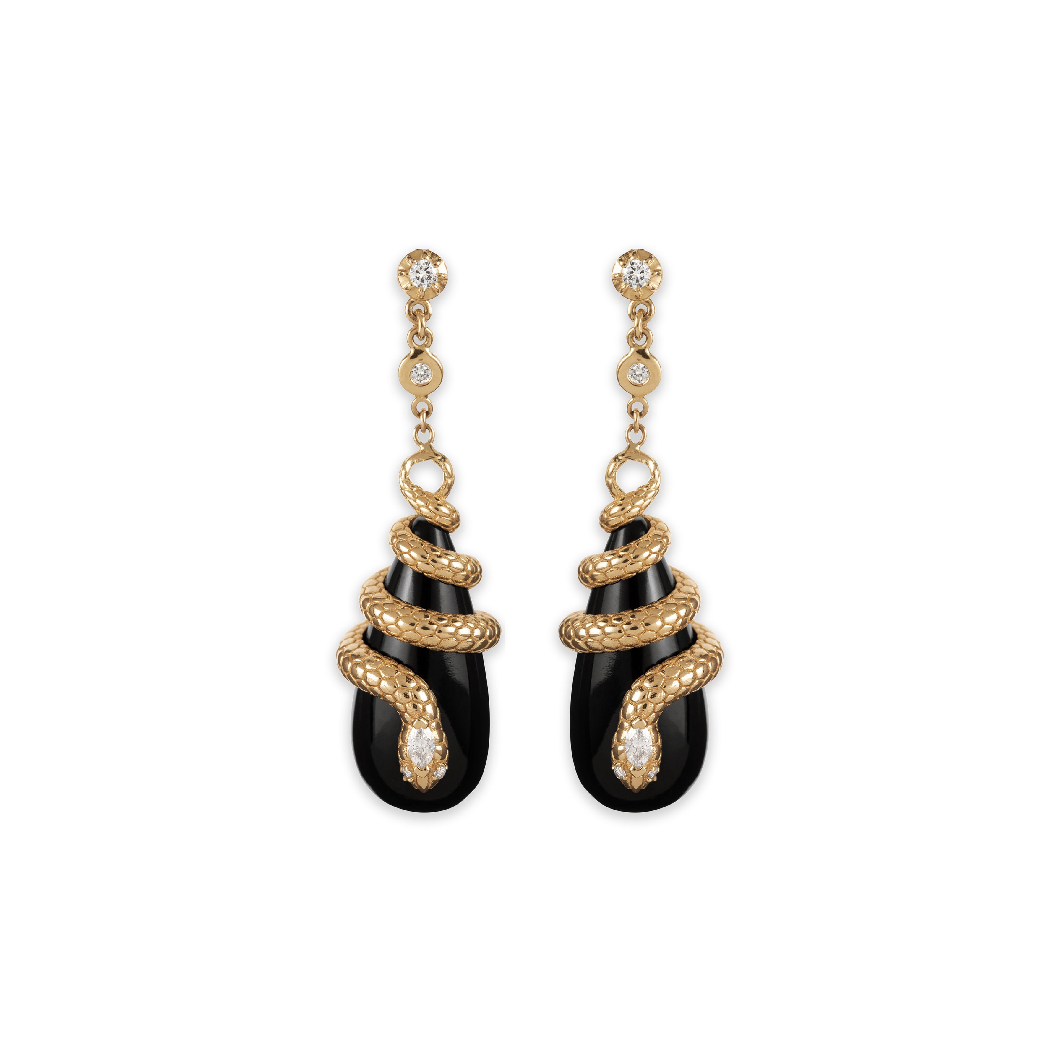 Diamond Snake Wrapped Onyx Droplet Earrings
