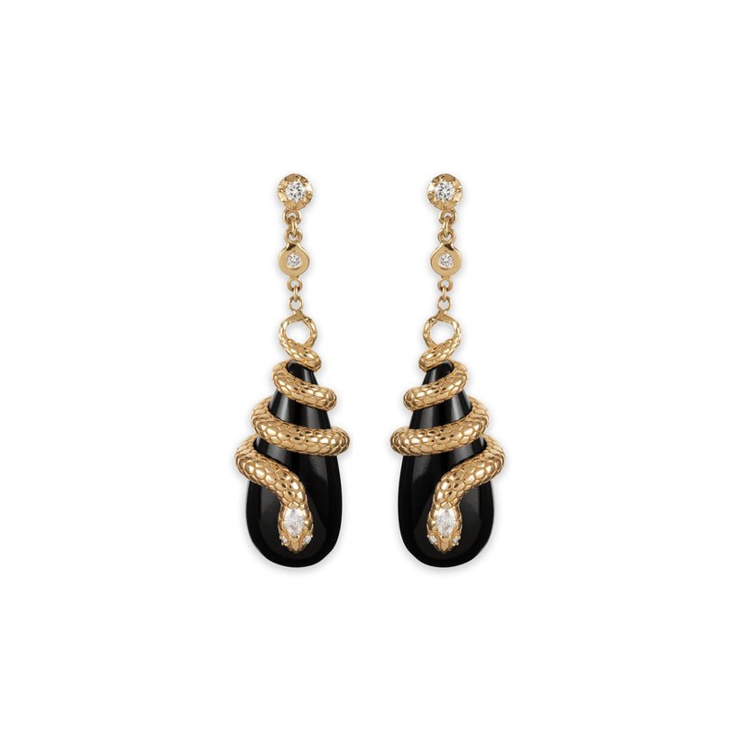 DIAMOND SNAKE WRAPPED ONYX DROPLET EARRINGS