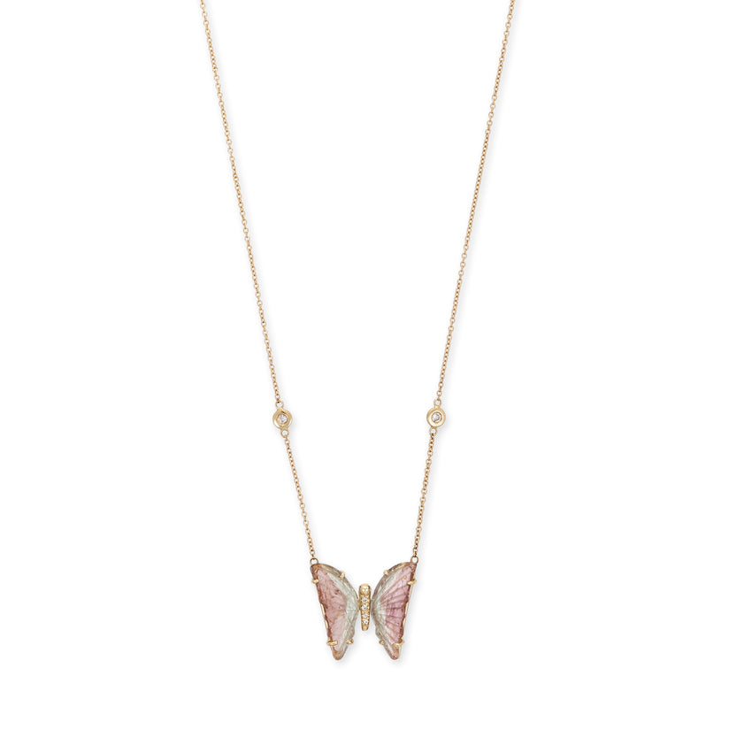 SMALL WATERMELON TOURMALINE PAVE CENTER BUTTERFLY NECKLACE