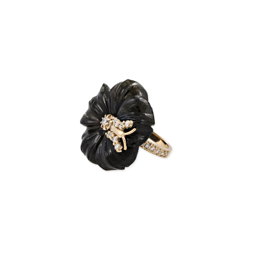 PAVE BUTTERFLY LABRADORITE FLOWER PAVE BAND RING