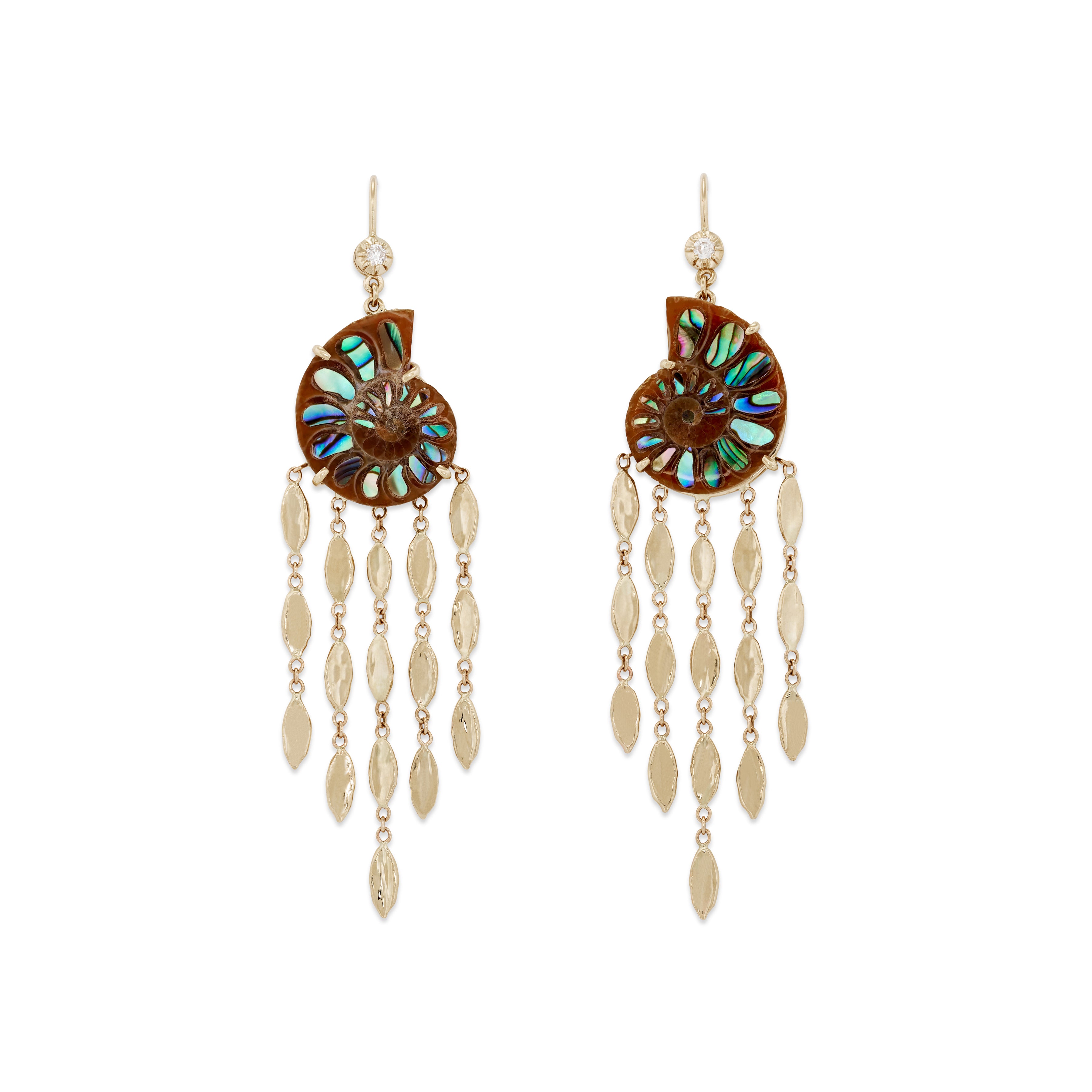 Abalone Ammonite + Hammered Marquise Chandelier Earrings