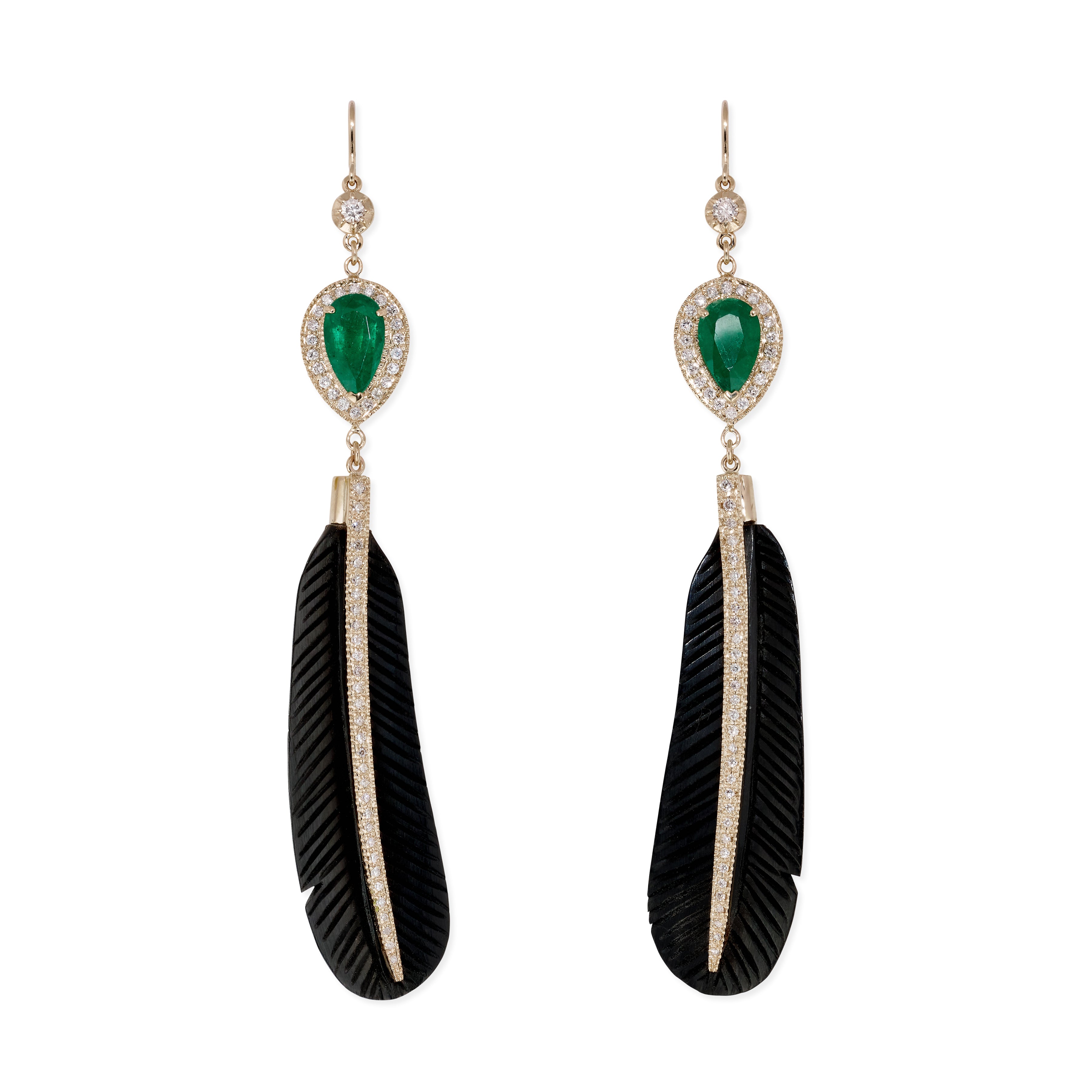 Pave Emerald Teardrop + Pave Black Horn Feather Earrings