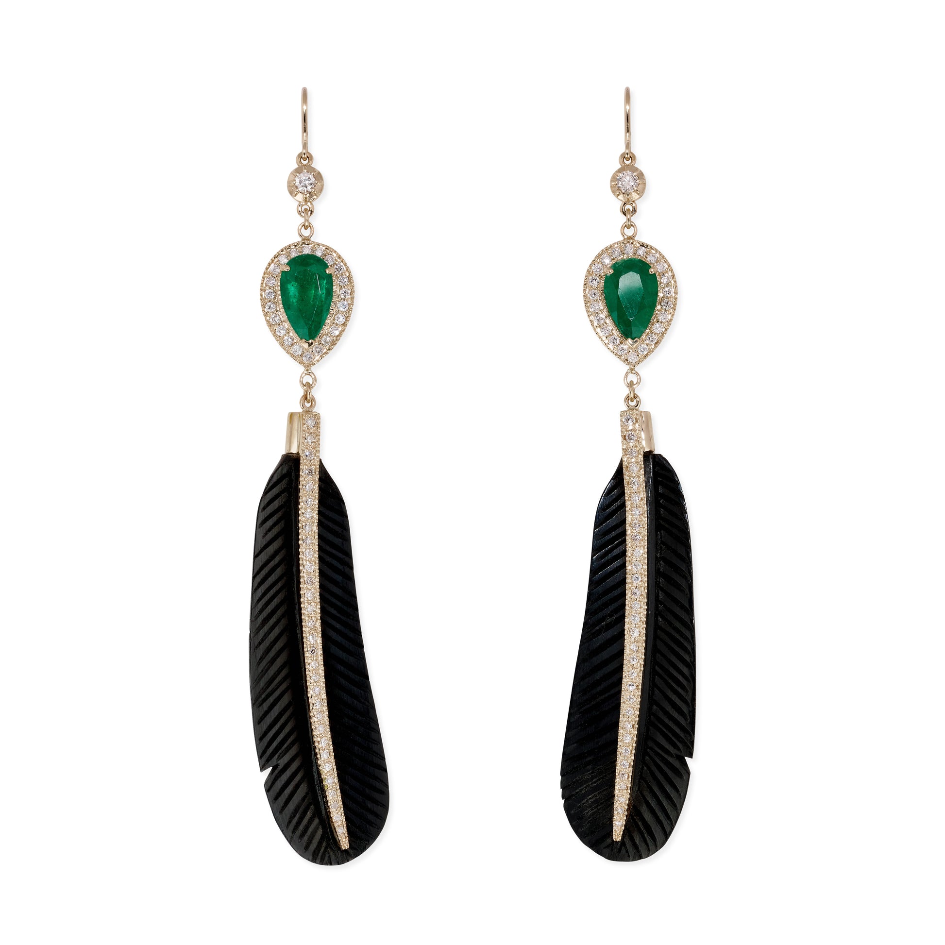 Pave Emerald Teardrop + Pave Black Horn Feather Earrings