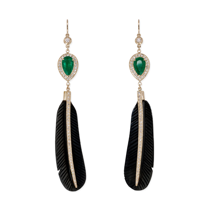 Pave Emerald Teardrop + Pave Black Horn Feather Earrings