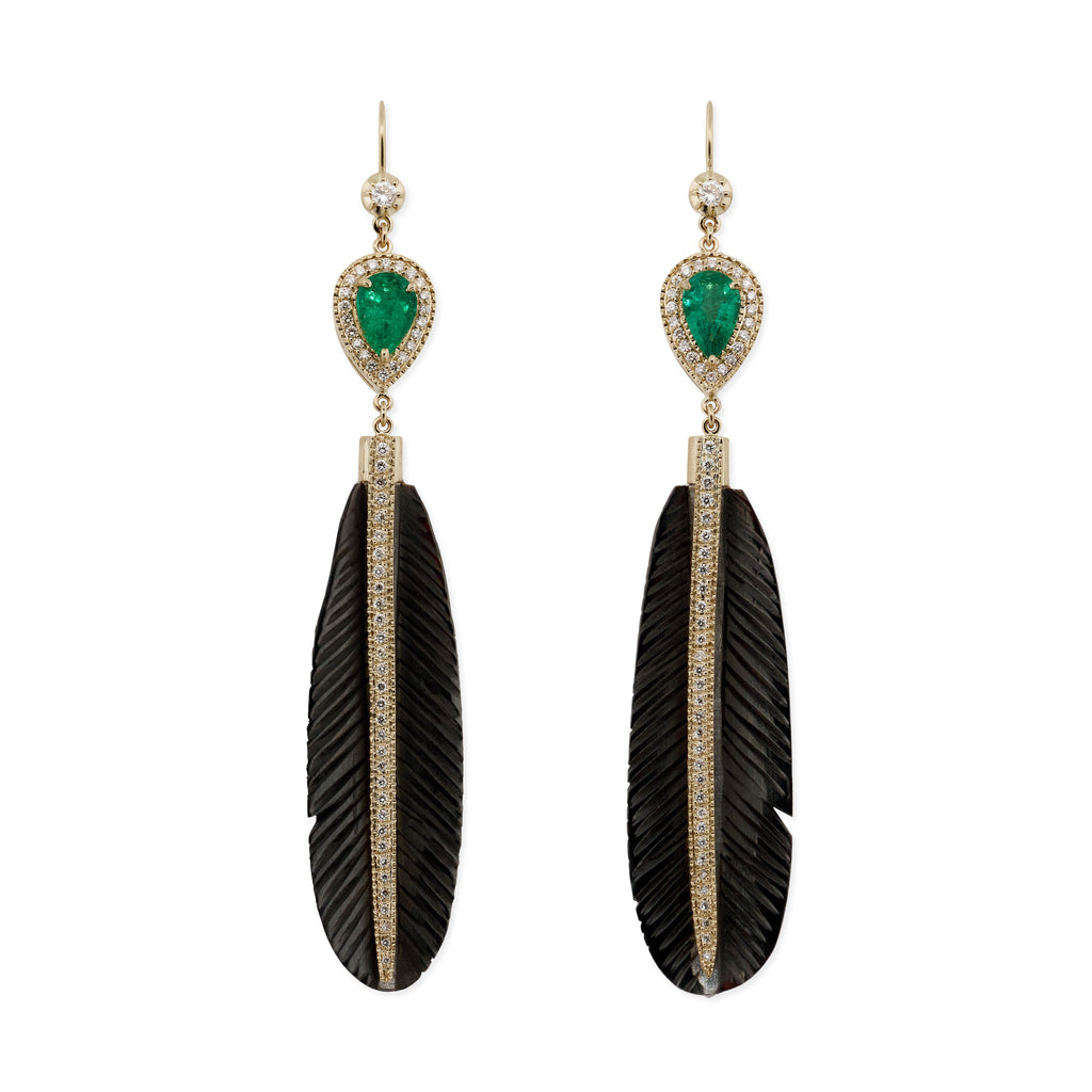 Pave Emerald Teardrop + Pave Black Horn Feather Earrings
