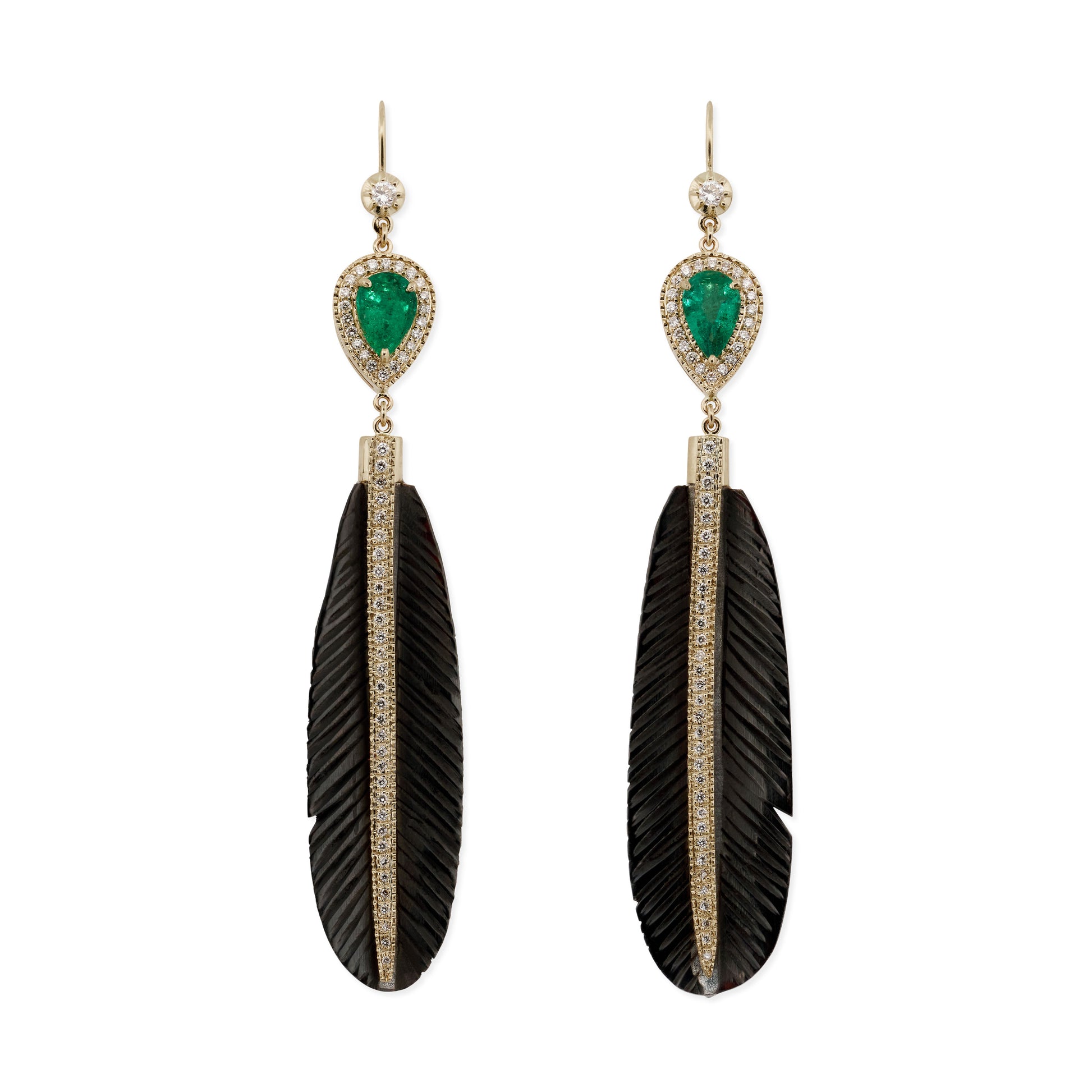 Pave Emerald Teardrop + Pave Black Horn Feather Earrings