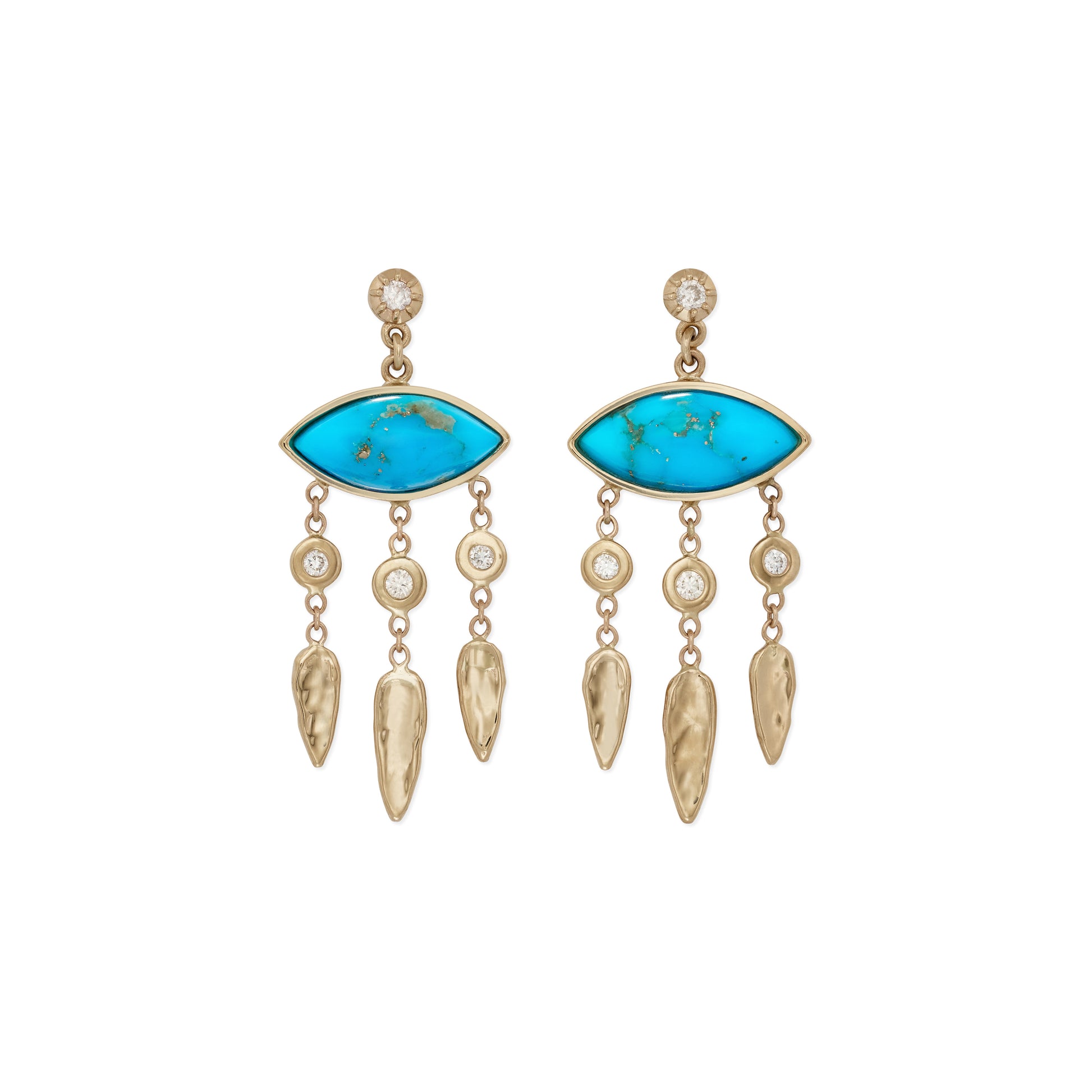 Turquoise Marquise + Diamond Hammered Teardrop Chandelier Drop Stud Earrings