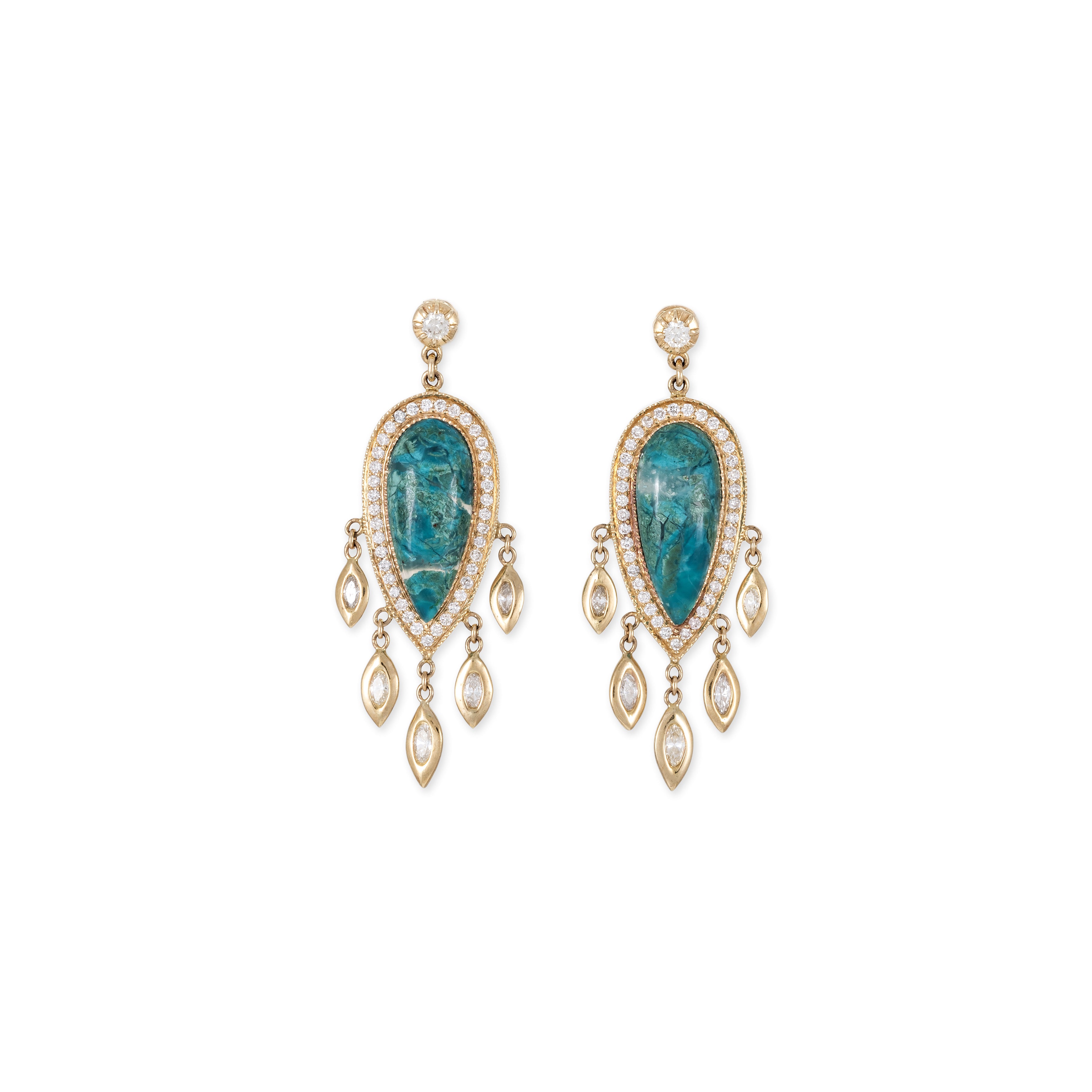 PAVE CHRYSOCOLLA TEARDROP + MARQUISE DIAMOND SHAKERS DROP EARRINGS