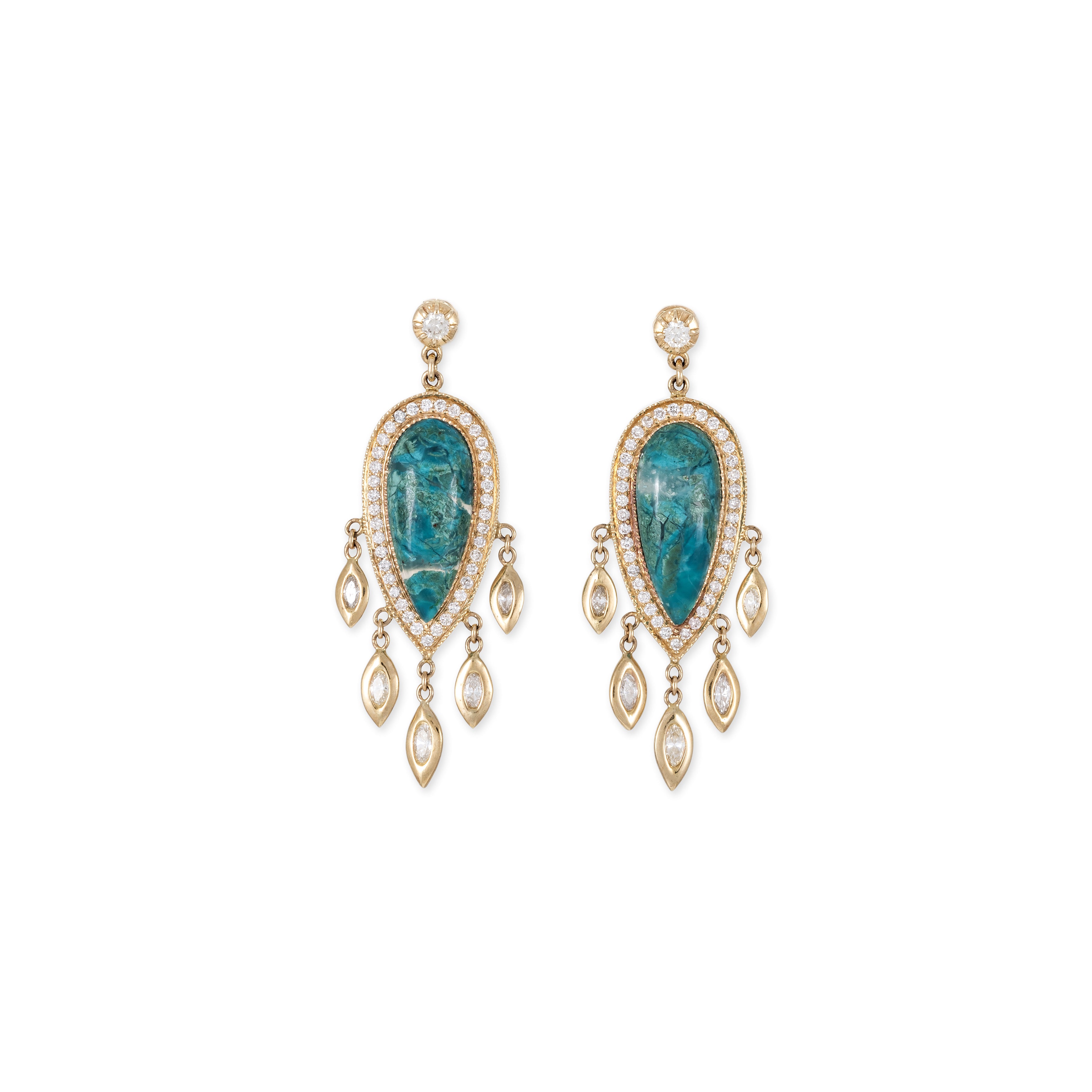 Pave Chrysocolla Teardrop + Marquise Diamond Shakers Drop Earrings