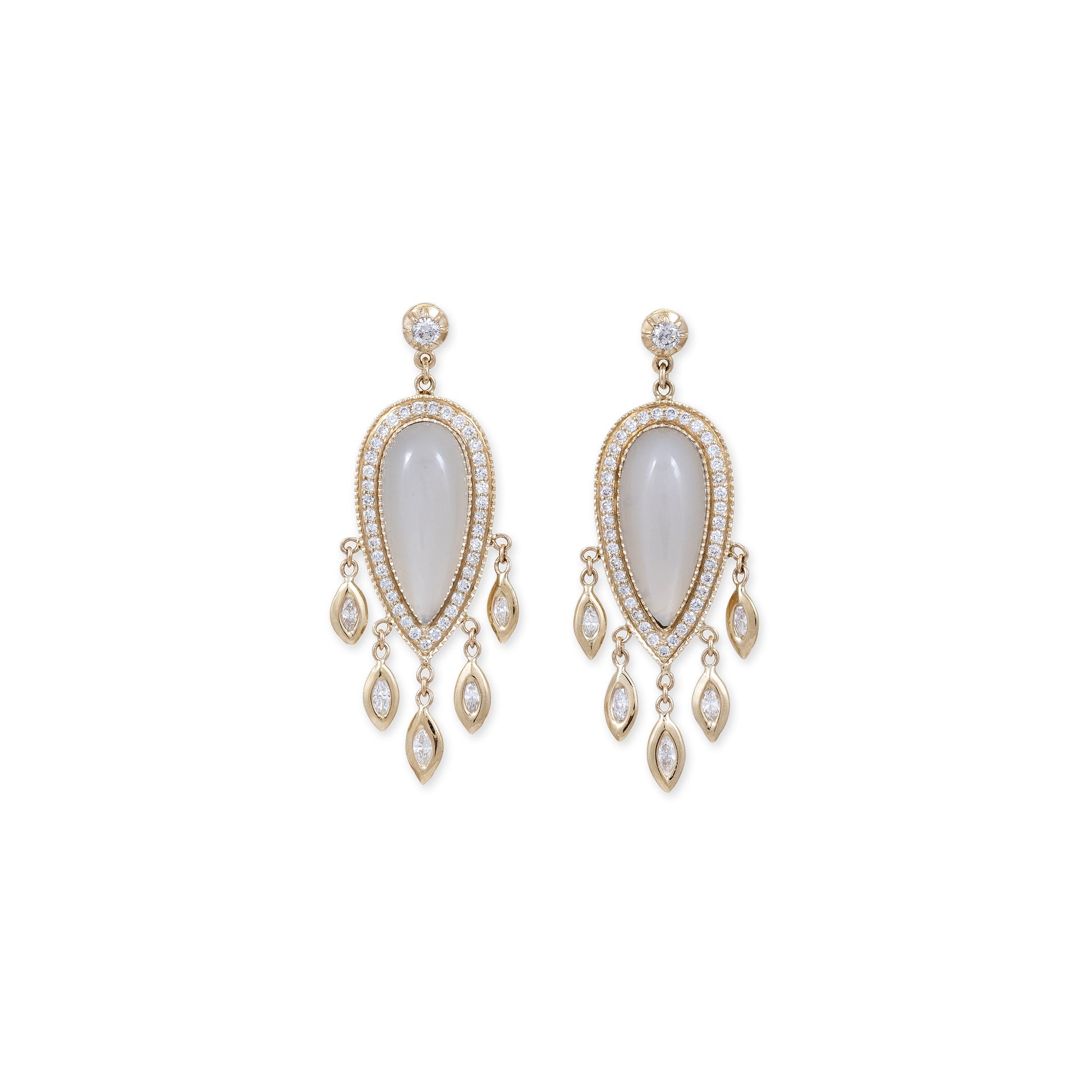 PAVE GREY MOONSTONE TEARDROP + MARQUISE DIAMOND SHAKERS DROP EARRINGS